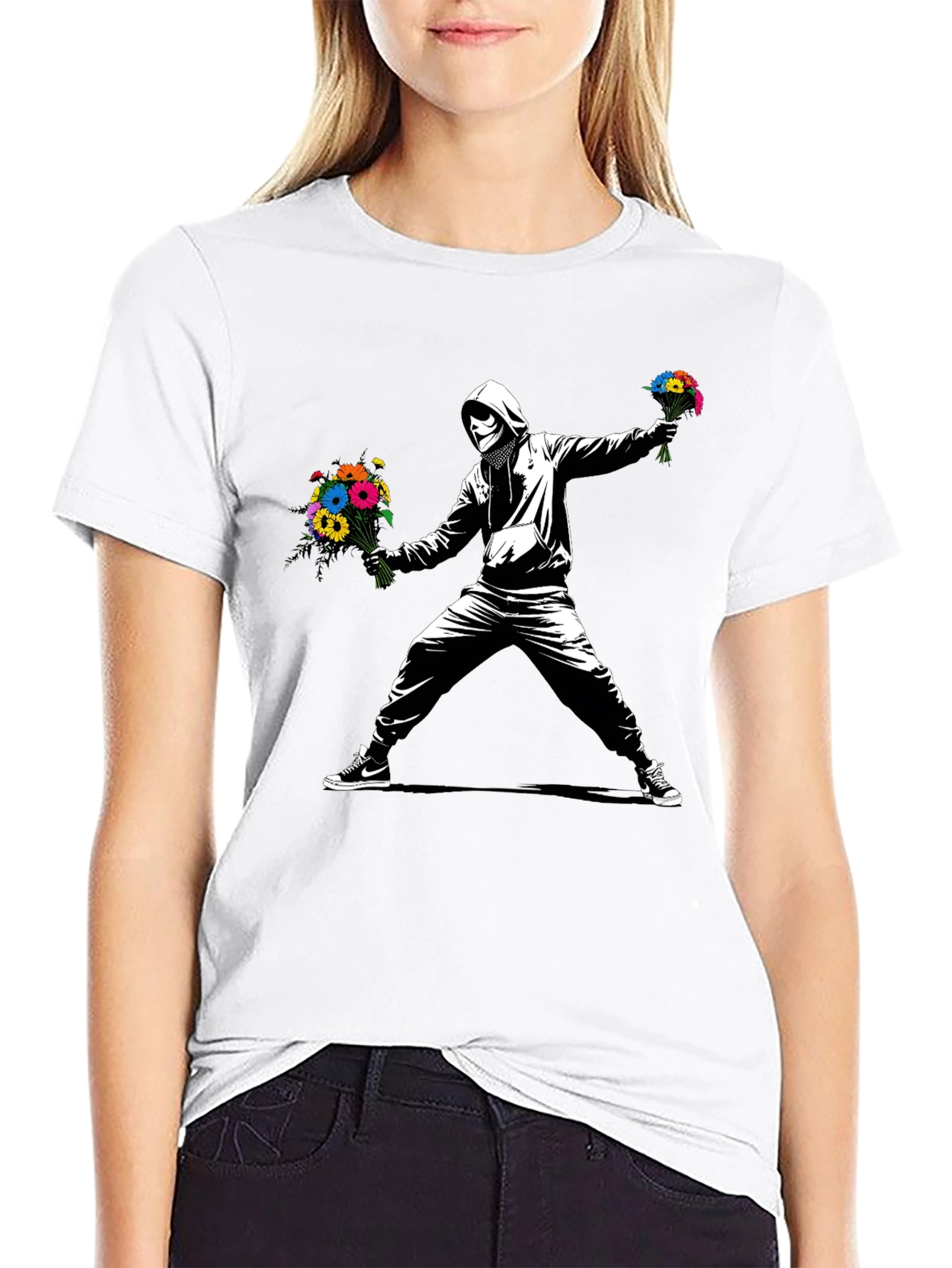 Black Banksy Flower Bomber T-Shirt - Street Art Graphic Tee view 9