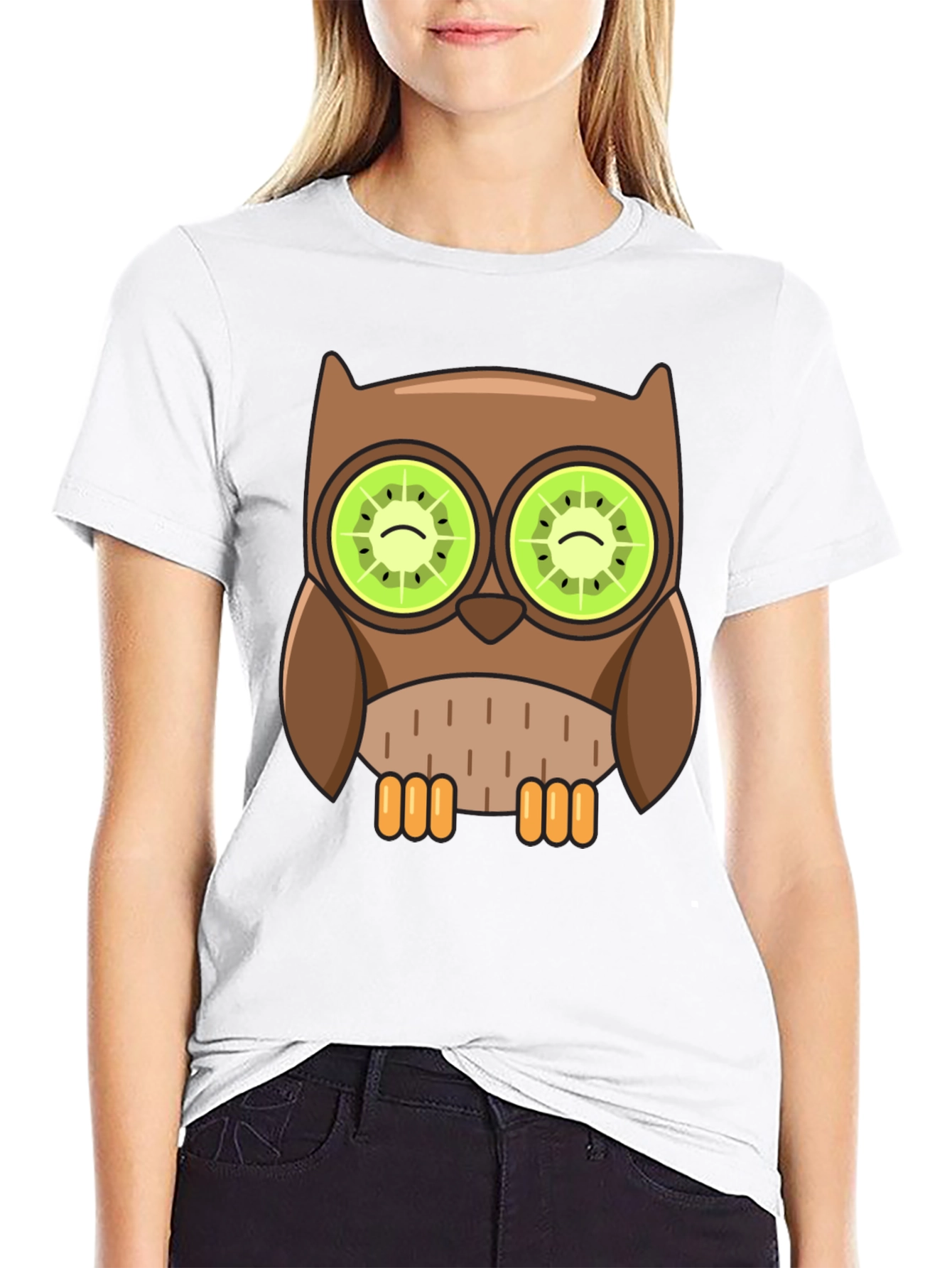 Black Whimsical Owl T-Shirt with Kiwi Eyes Design view 9