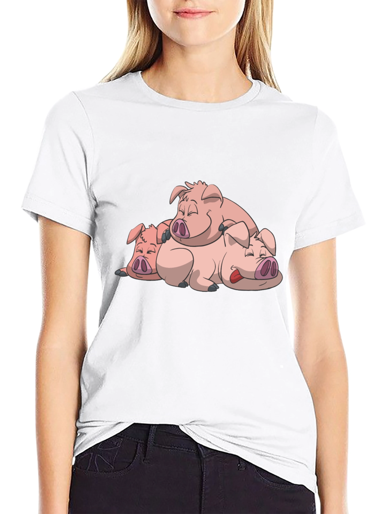 Black Cute Sleeping Pigs Black T-Shirt view 9