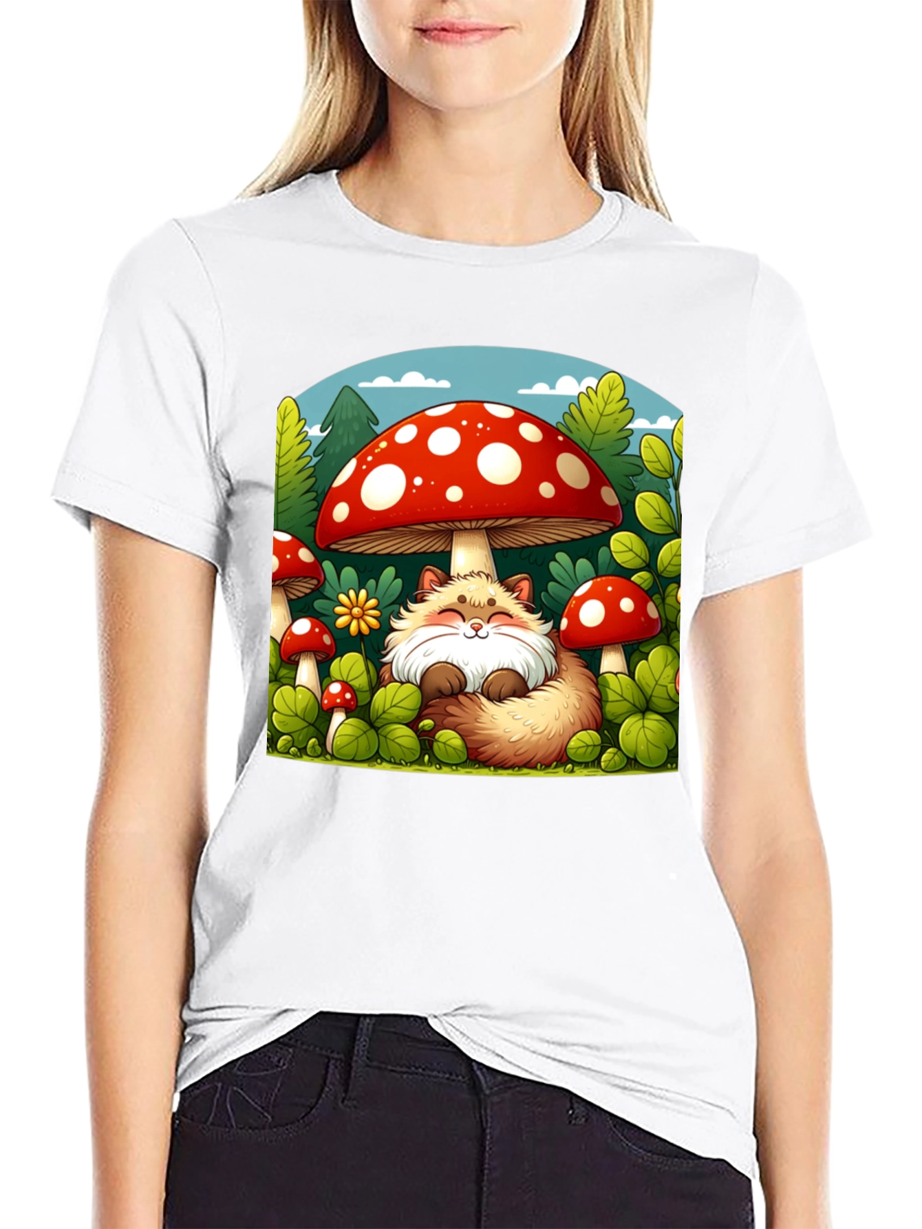 Black Whimsical Fox & Mushroom Graphic T-Shirt view 9