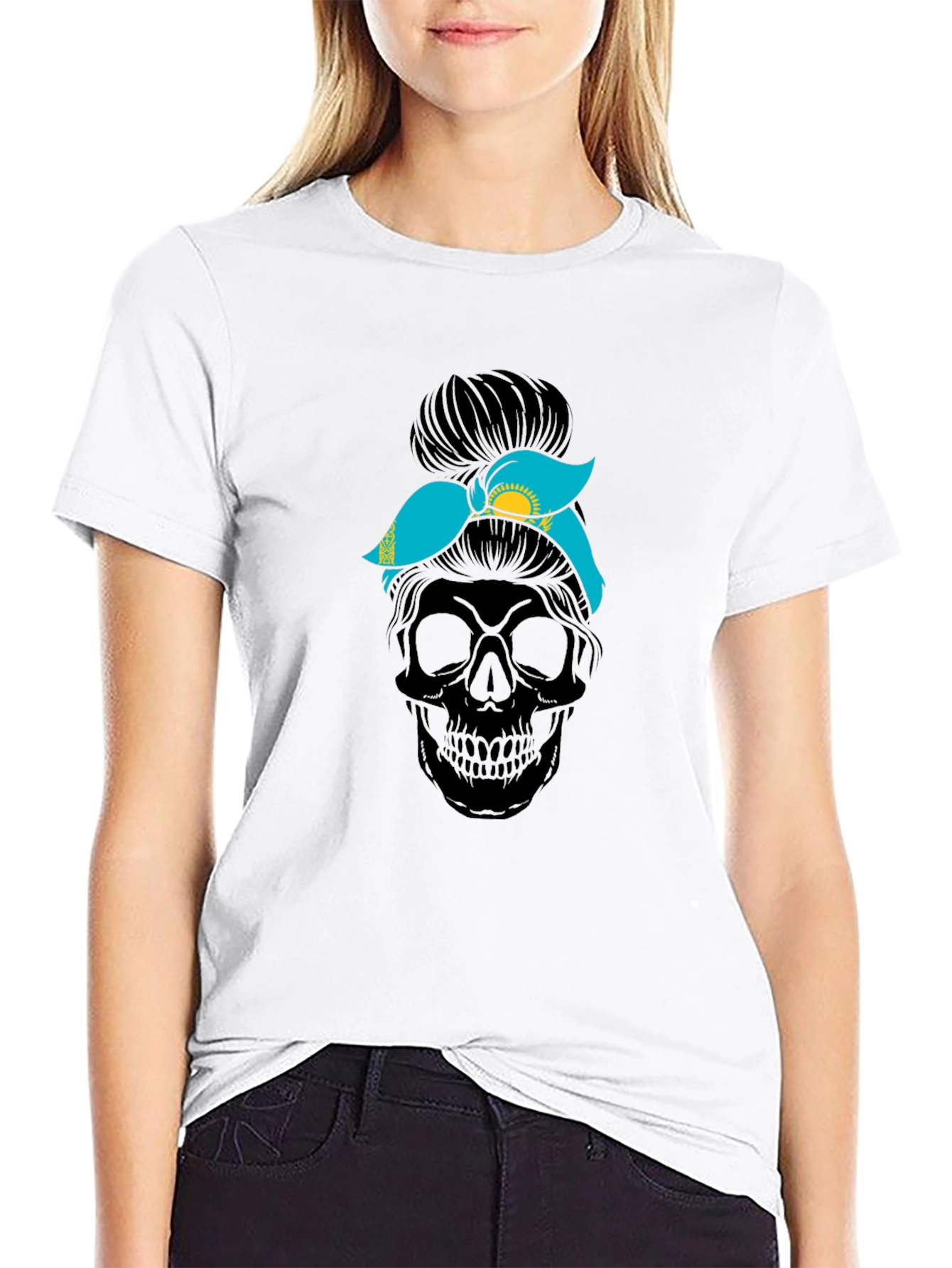 Skull Messy Bun Kazakhstan Flag T-Shirt - 9
