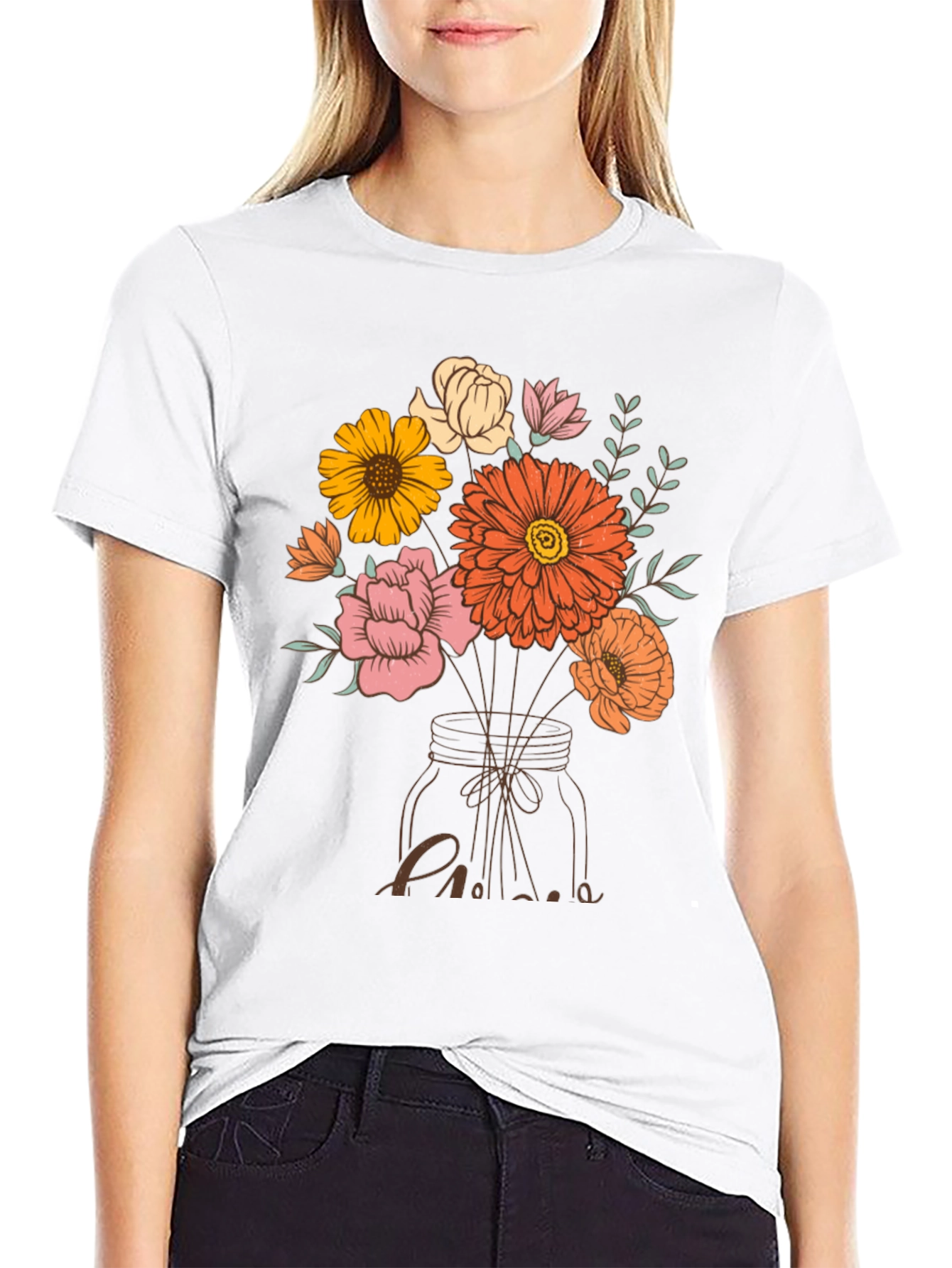 Black Floral Bouquet in Mason Jar Graphic Tee view 9