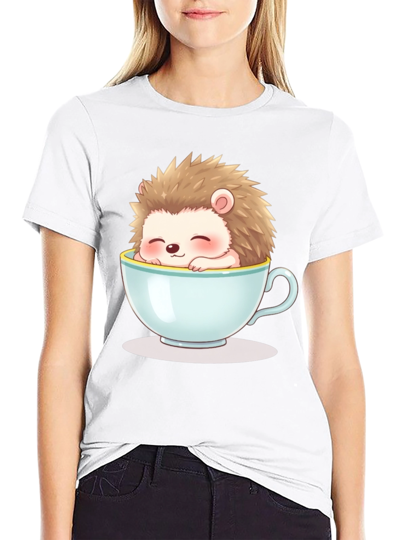 Black Cute Hedgehog in Teacup Graphic Tee - Unisex view 9