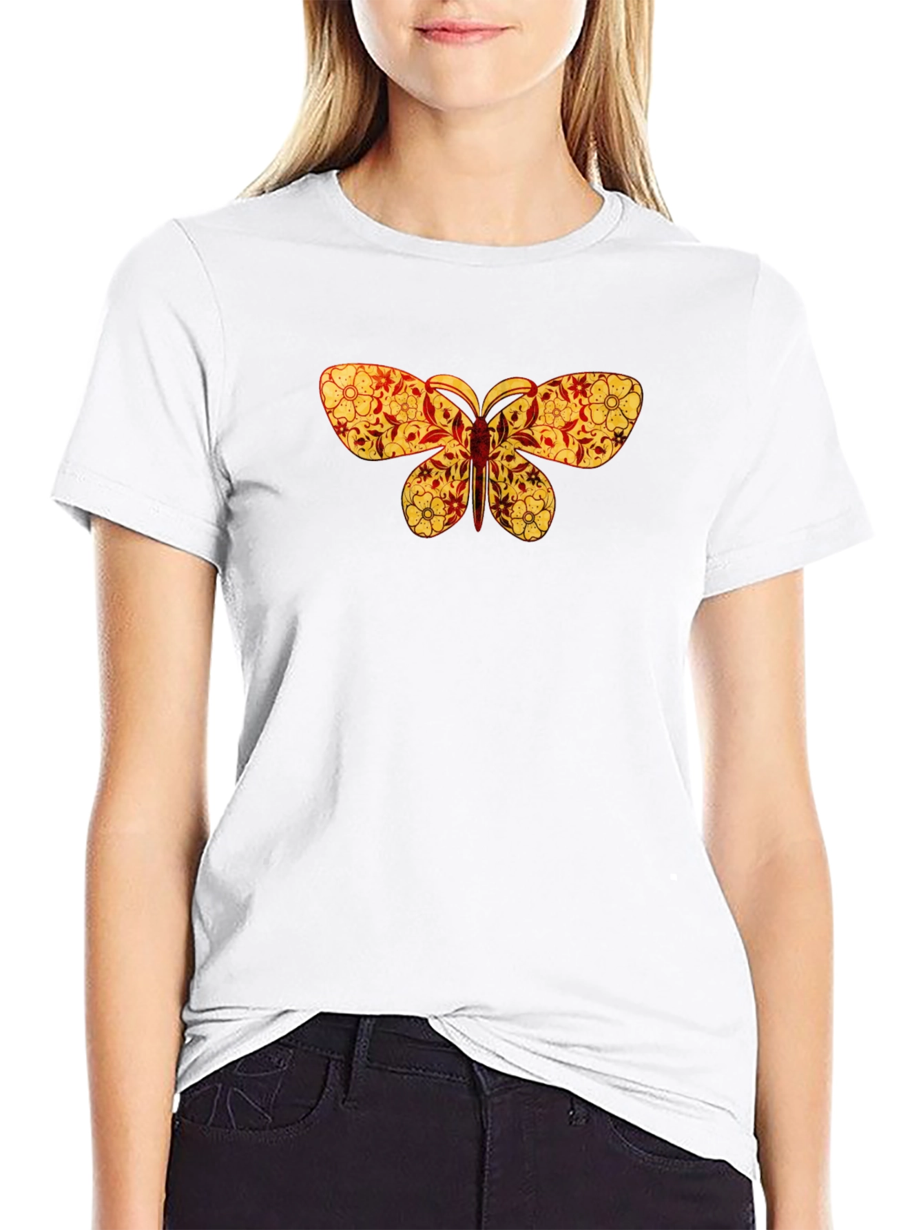 Black Floral Butterfly Print Black T-Shirt view 9