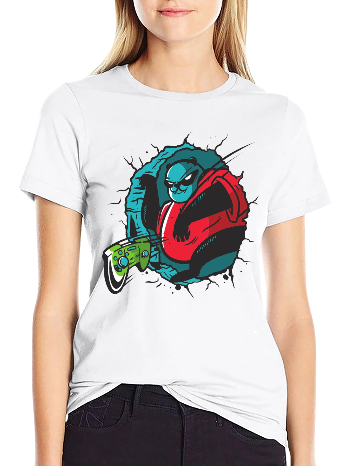 Black Gamer Panda Graphic Tee - Black Cotton T-Shirt view 9