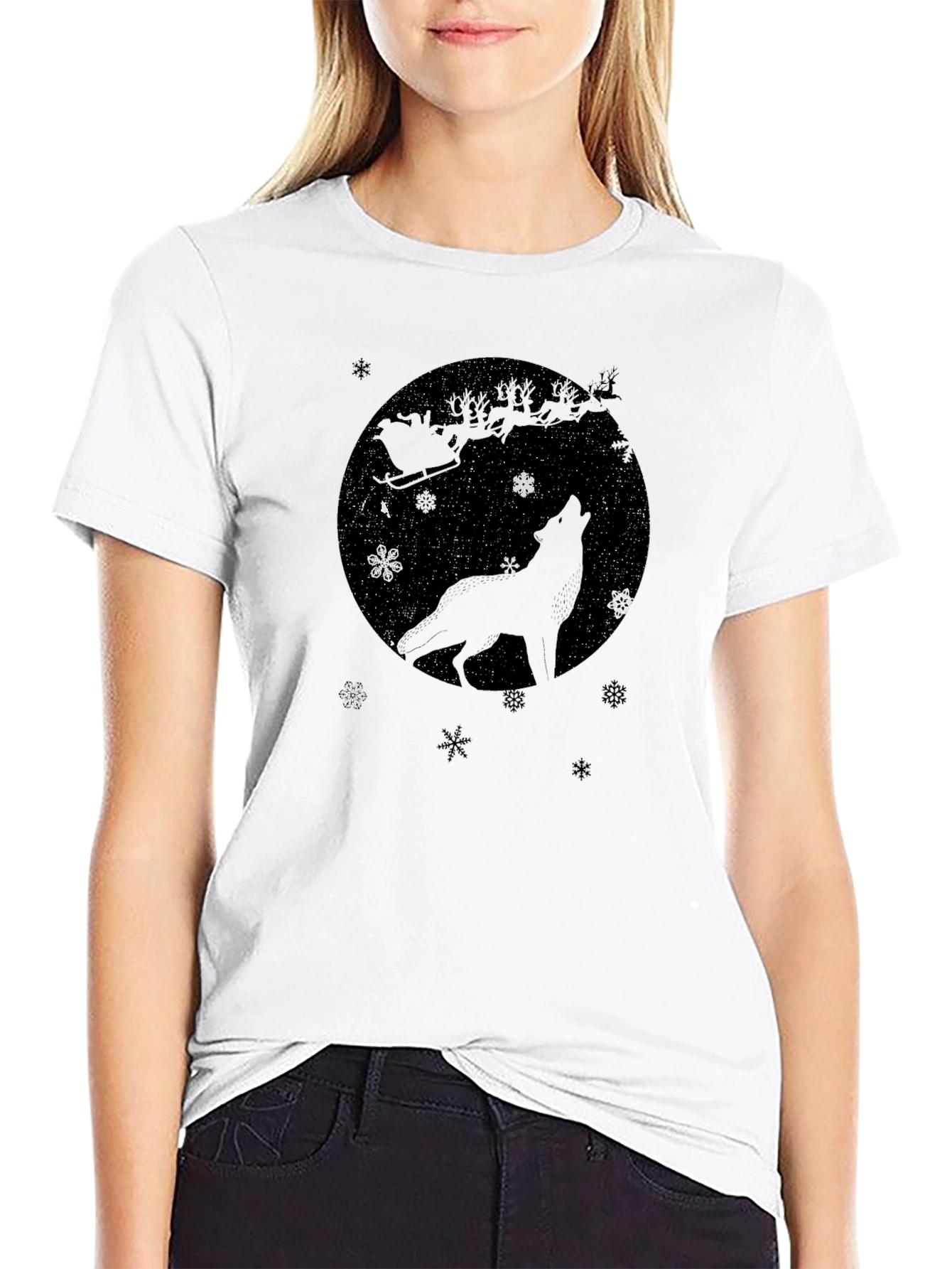 Black Wolf Howling Santa's Sleigh Black T-Shirt view 9