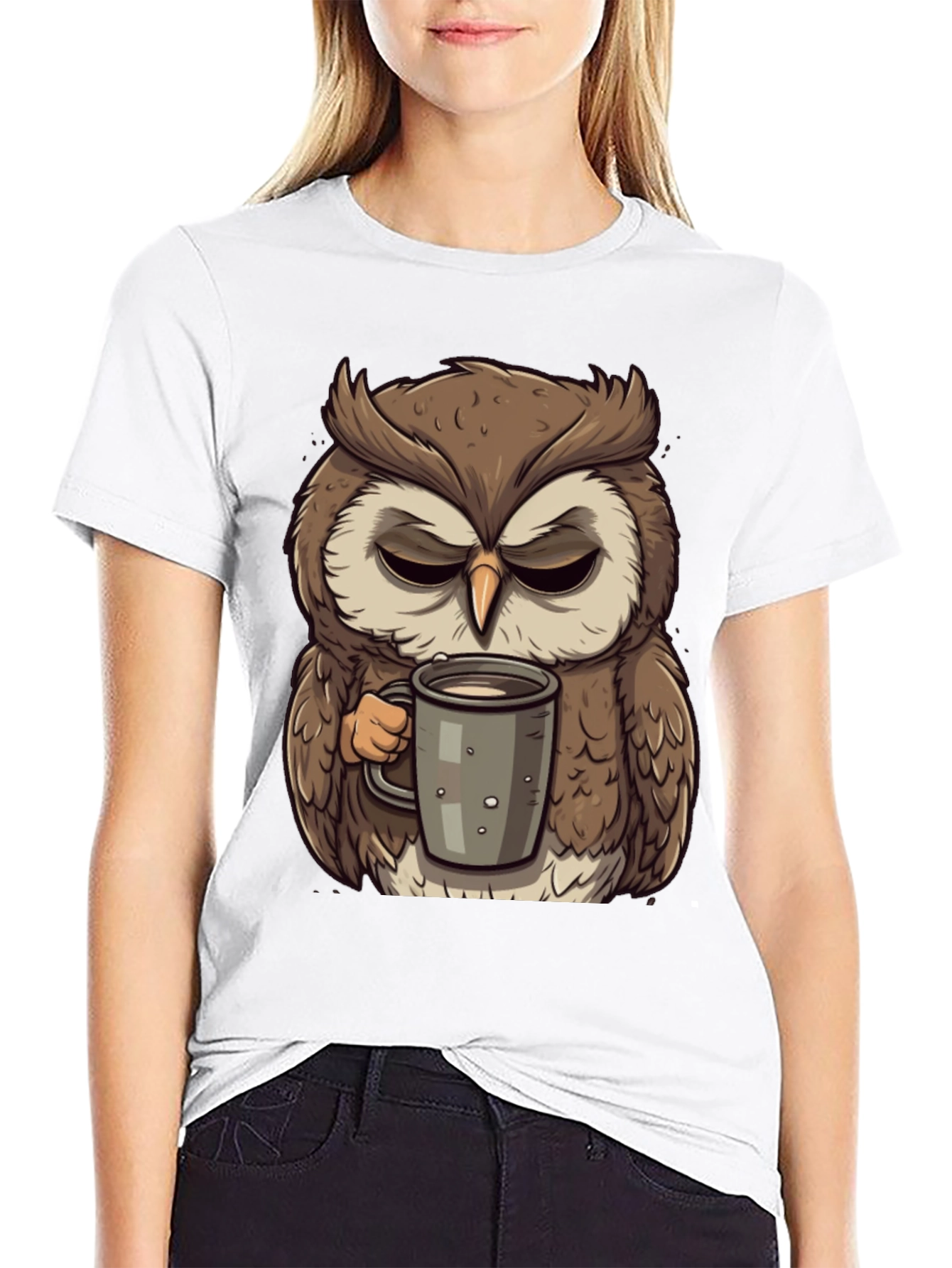 Black Grumpy Owl Coffee T-Shirt - Cute Cartoon Tee view 9