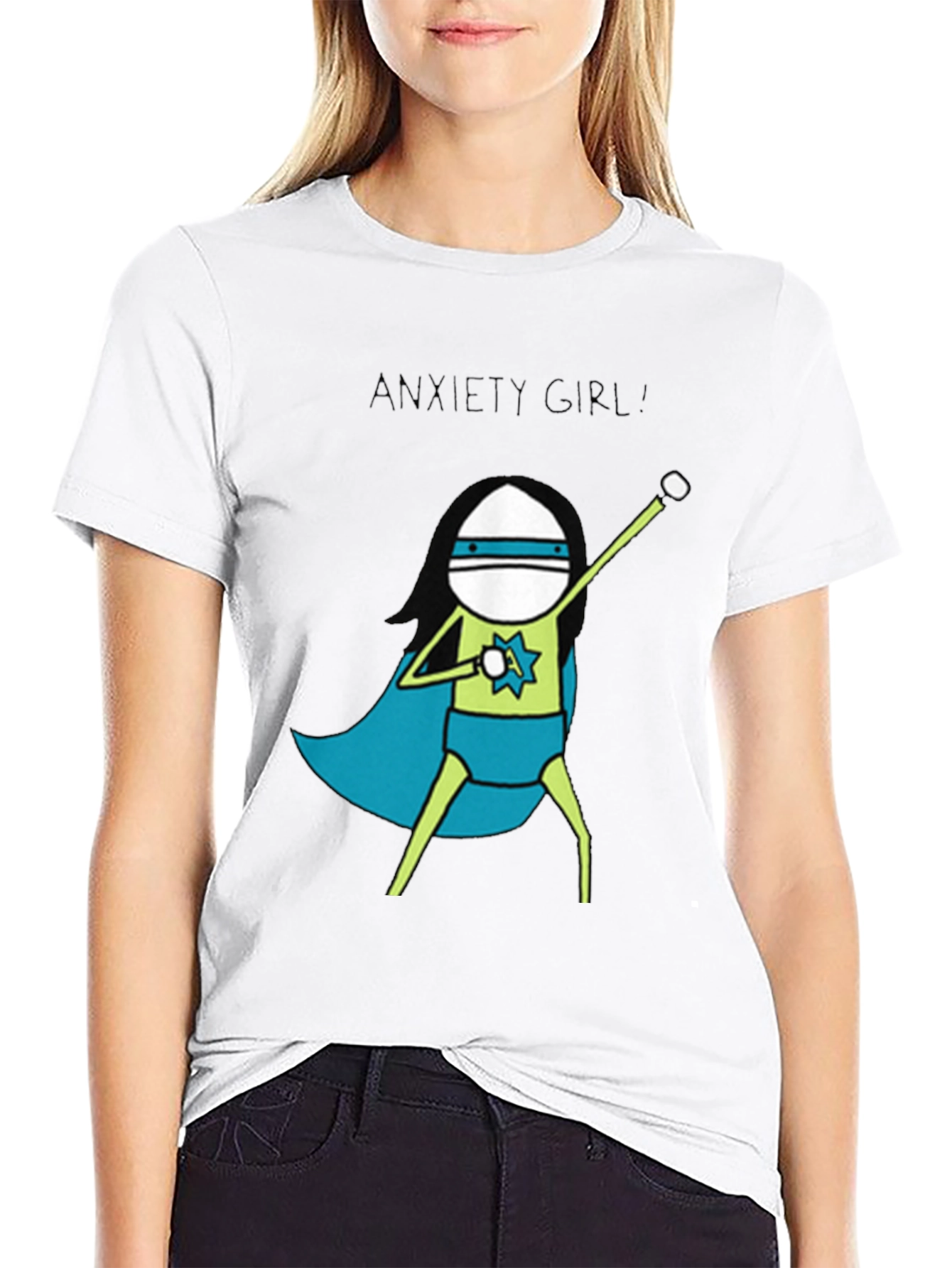 Black Anxiety Girl T-Shirt - Super Hero Graphic Tee view 9