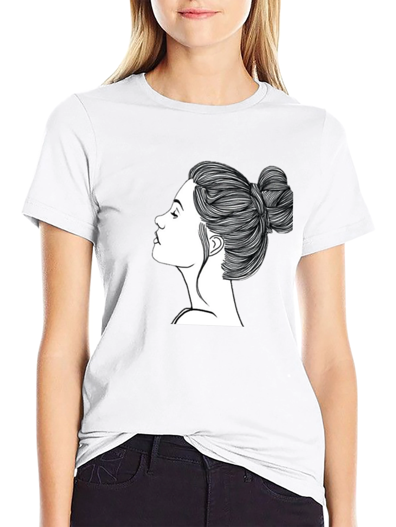 Black Black T-Shirt with Woman's Hair Bun Design view 9