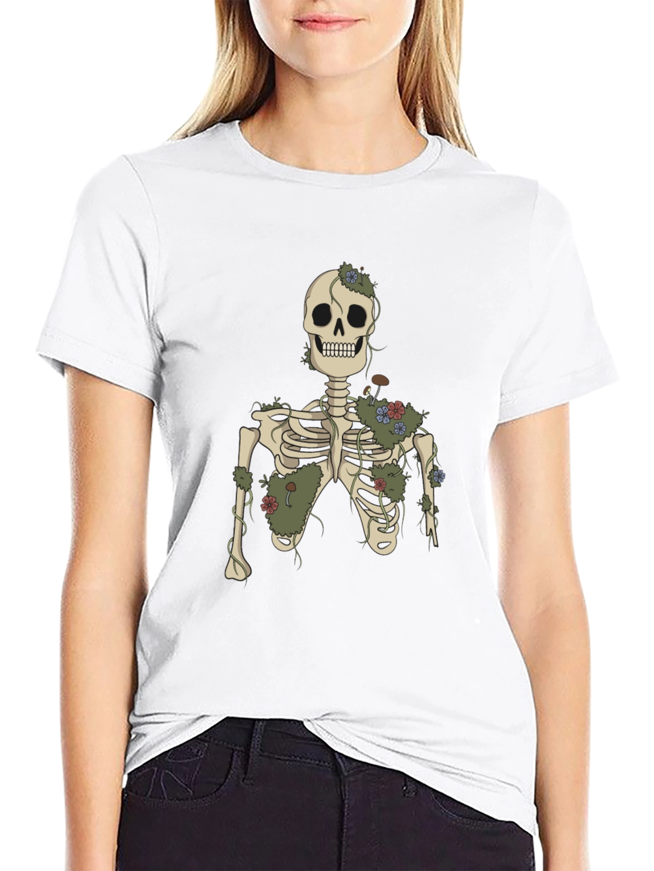 Black Floral Skeleton Graphic Tee - Black Cotton view 9