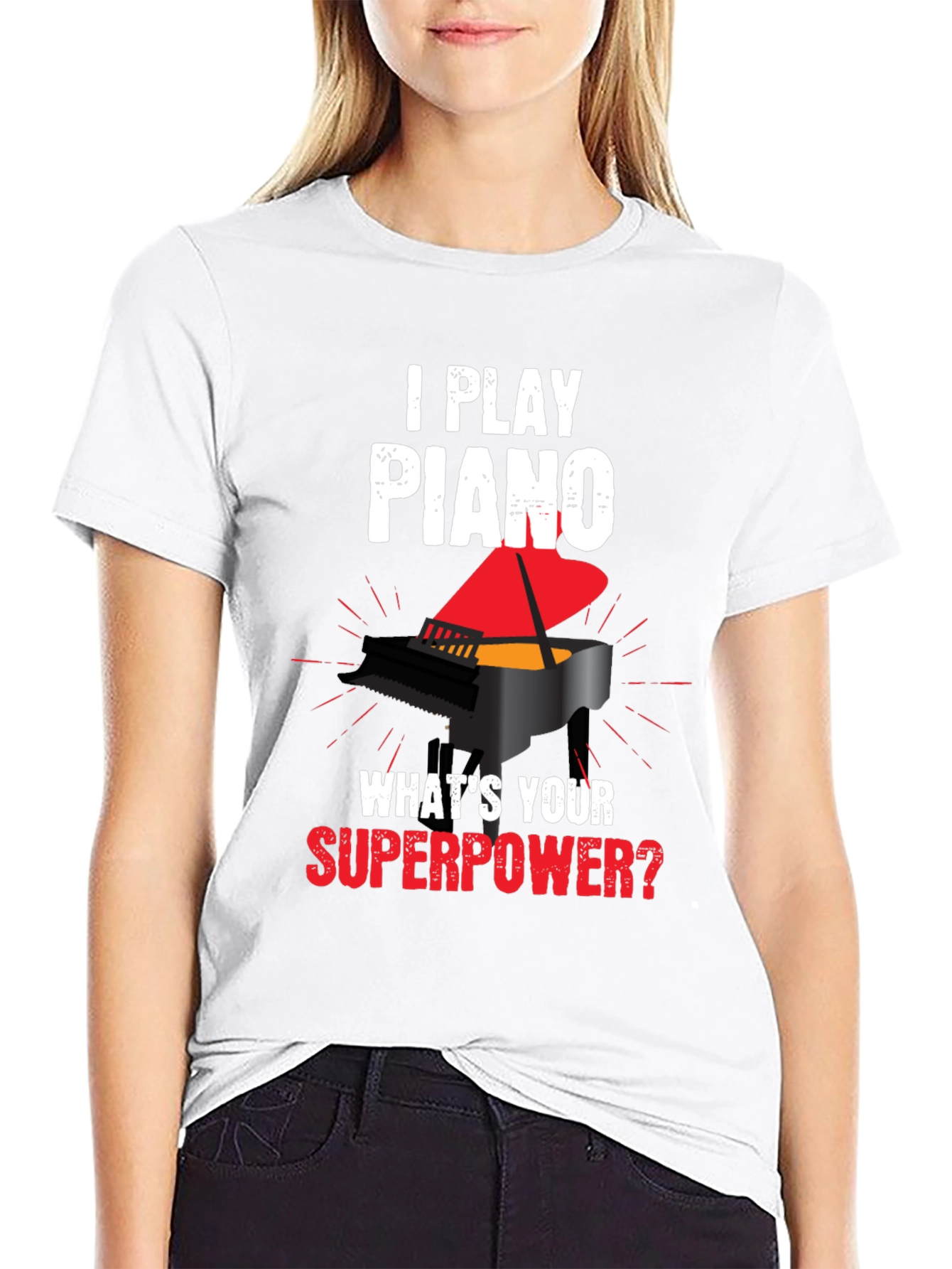 Black I Play Piano Superpower Graphic T-Shirt view 9