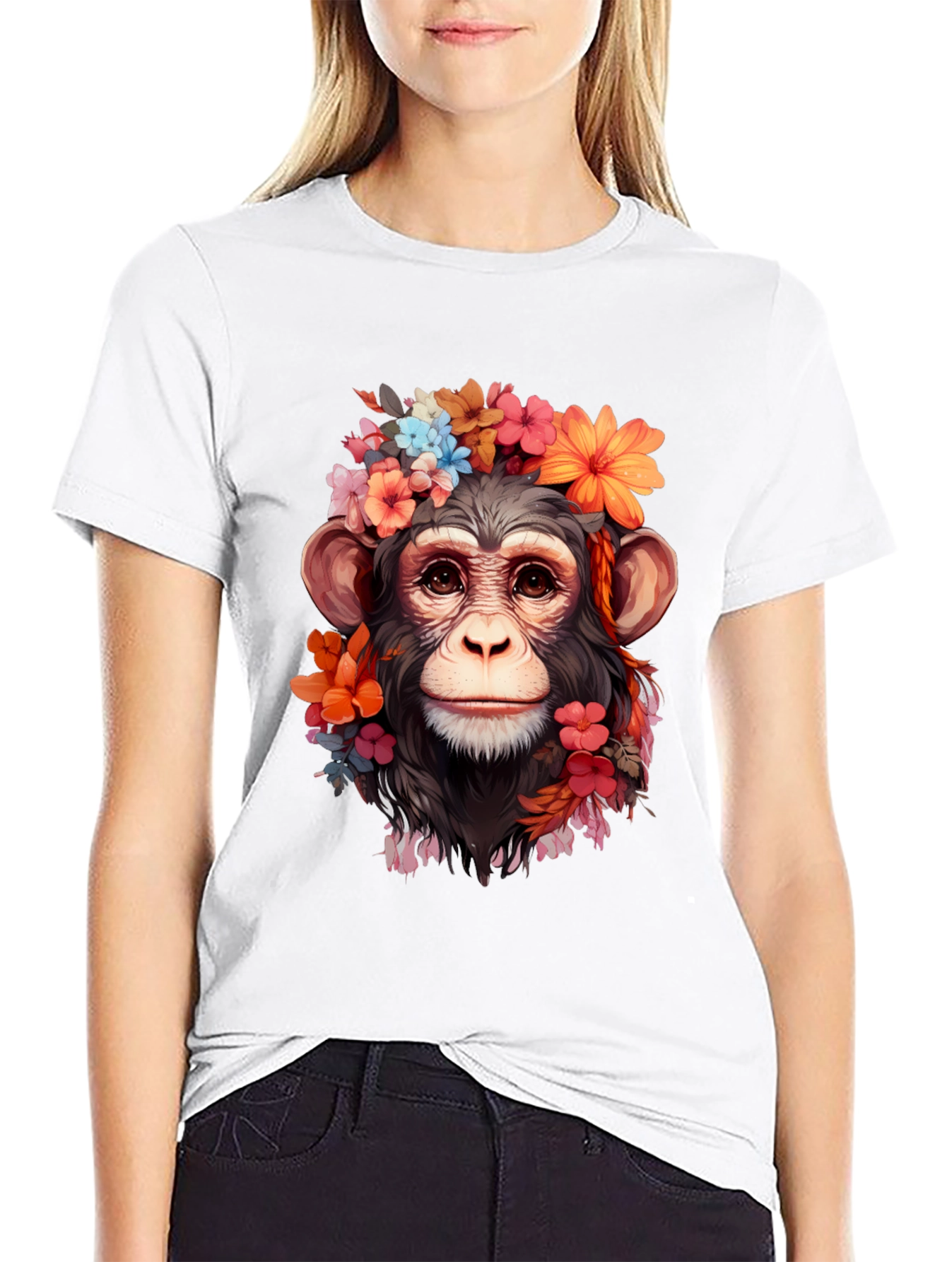 Black Floral Monkey T-Shirt - Unique Graphic Tee view 9