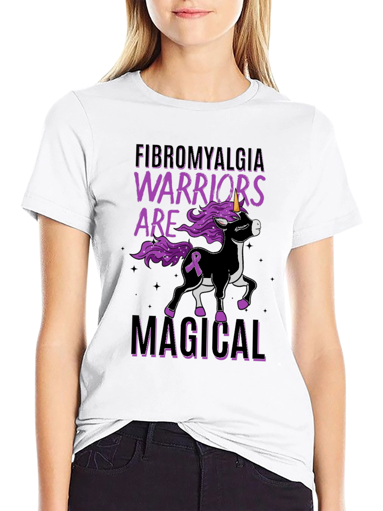 Black Fibromyalgia Warrior Unicorn Black T-Shirt view 9