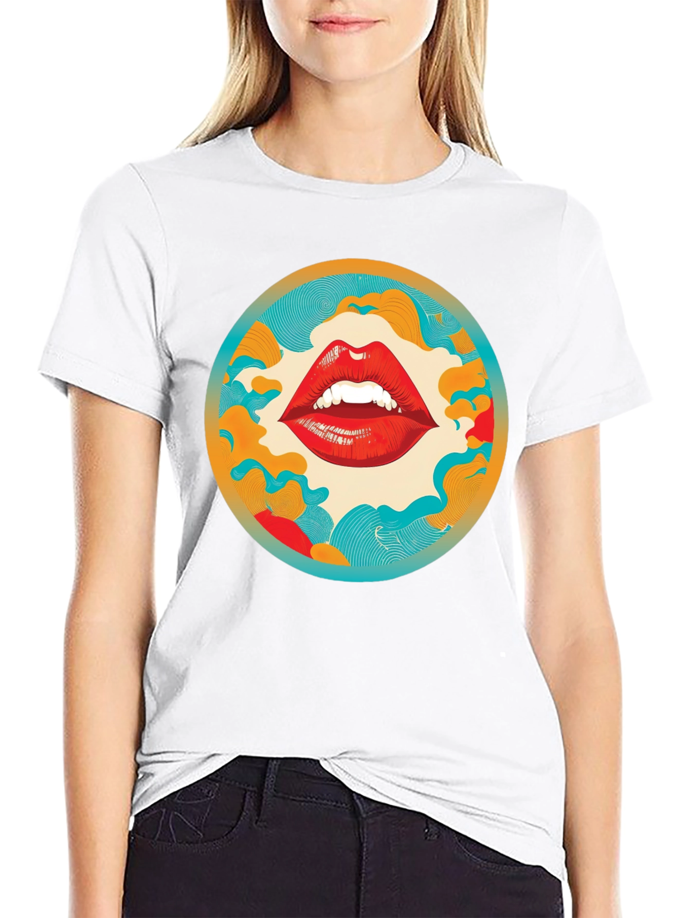 Black Graphic Lips Print Crew Neck Tee view 9
