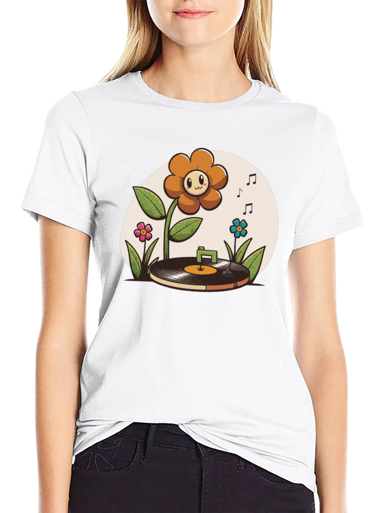 Black Groovy Flower Power Music T-Shirt view 9