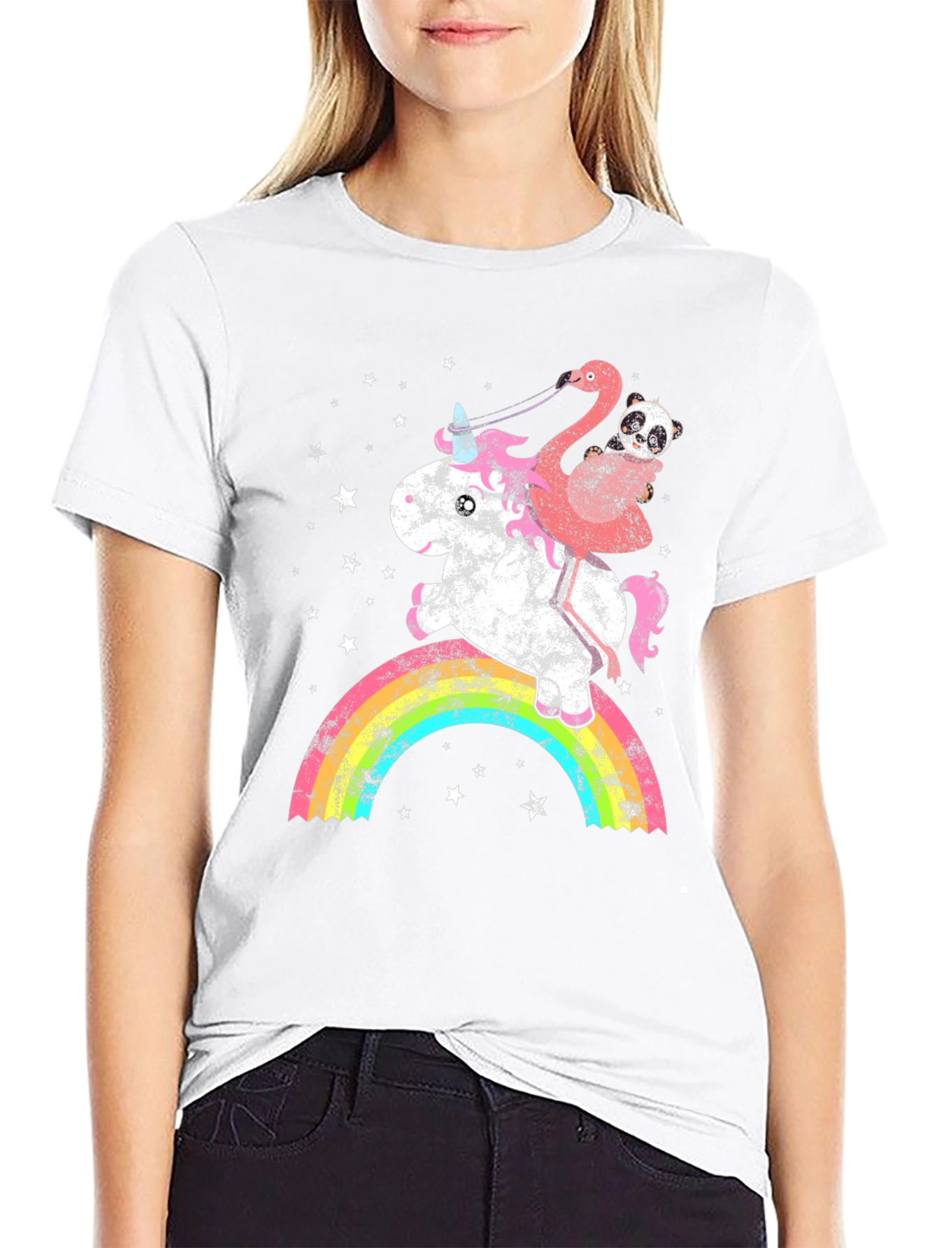 Black Unicorn, Flamingo, & Panda Rainbow Graphic Tee view 9