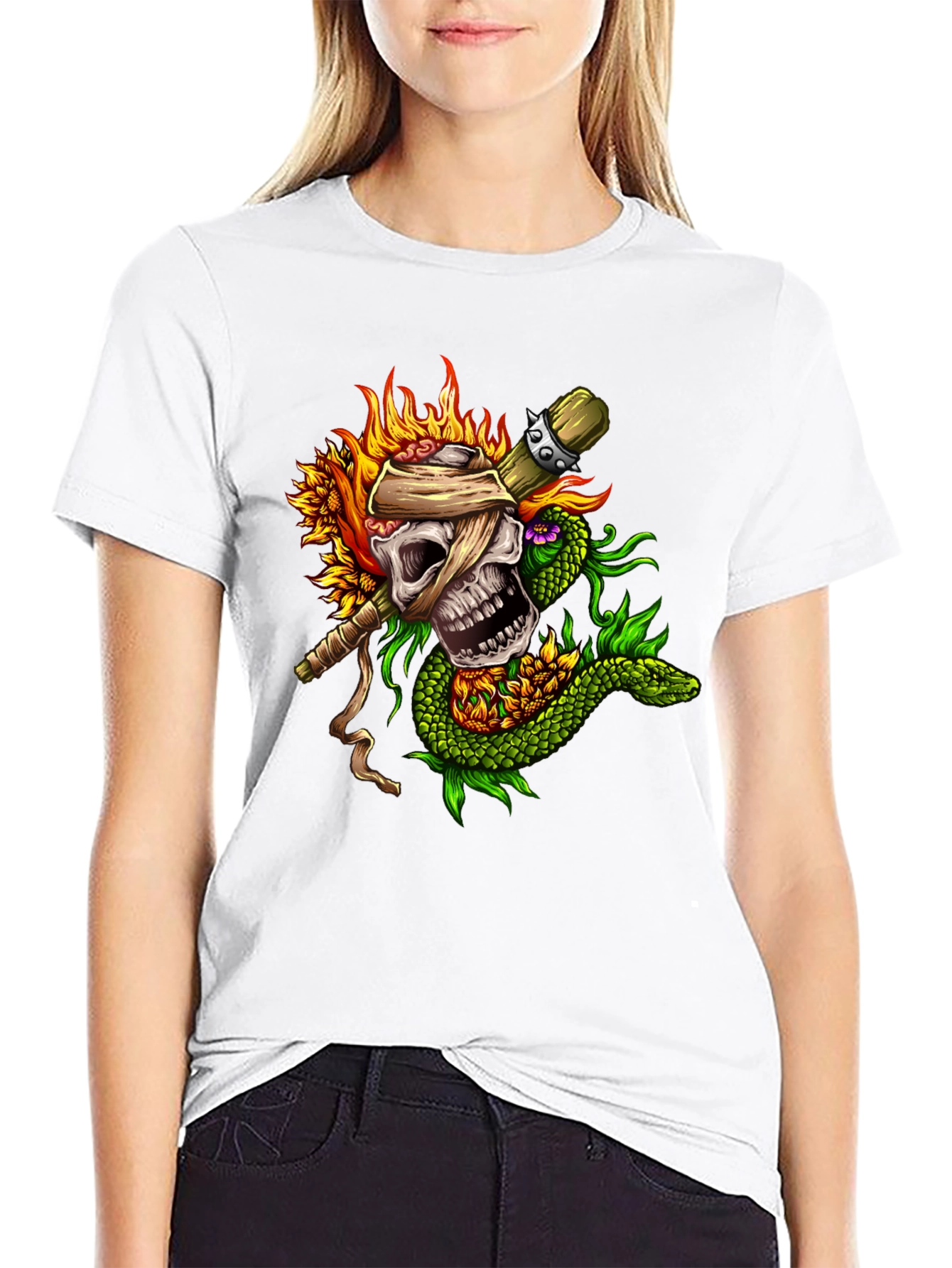 Black Skull & Snake Graphic Tee - Unique Tattoo Style view 9