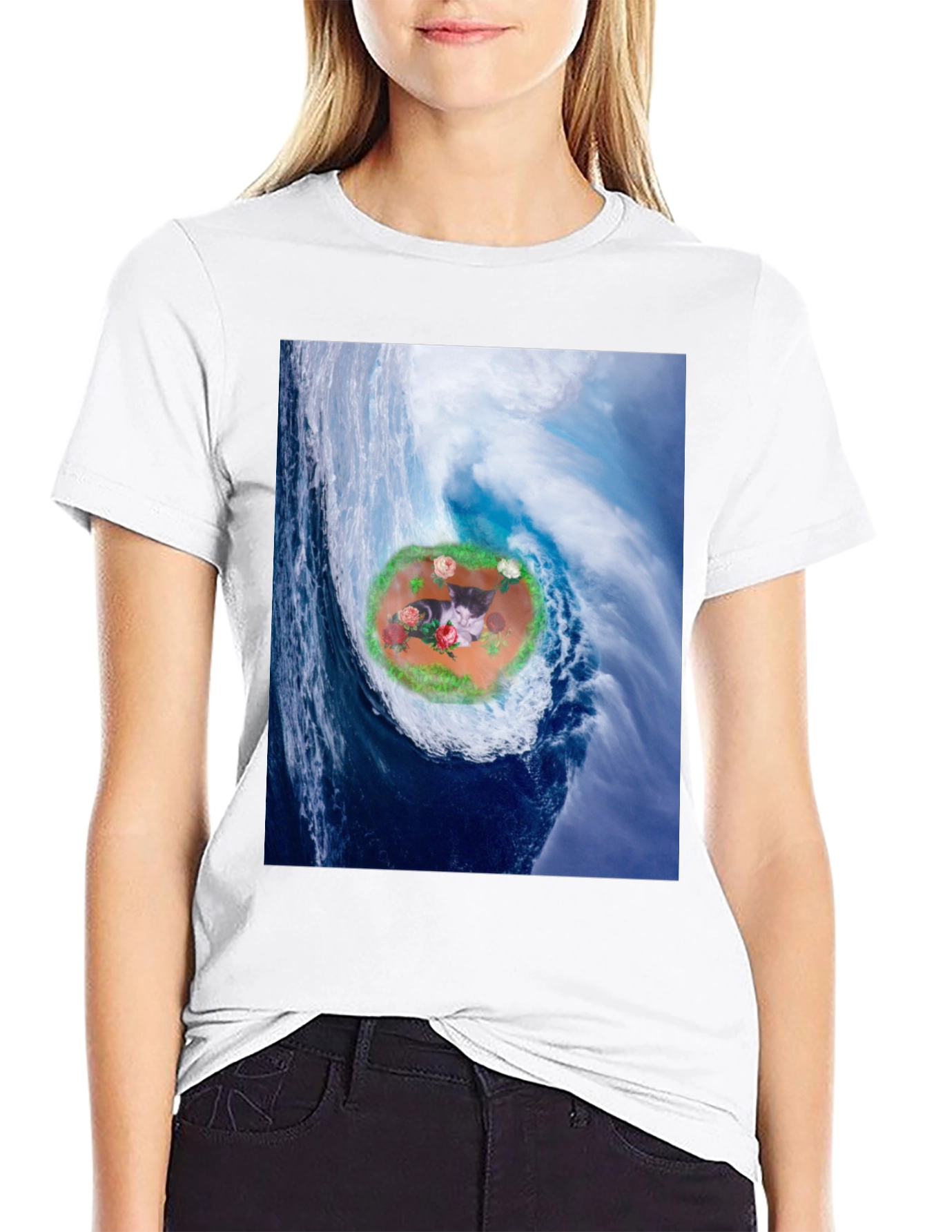 Black Wave Kitty T-Shirt: Black Cotton Blend view 9