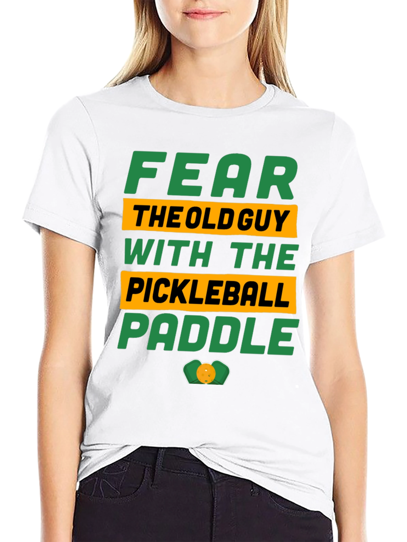 Black Fear the Old Guy Pickleball Paddle T-Shirt view 9