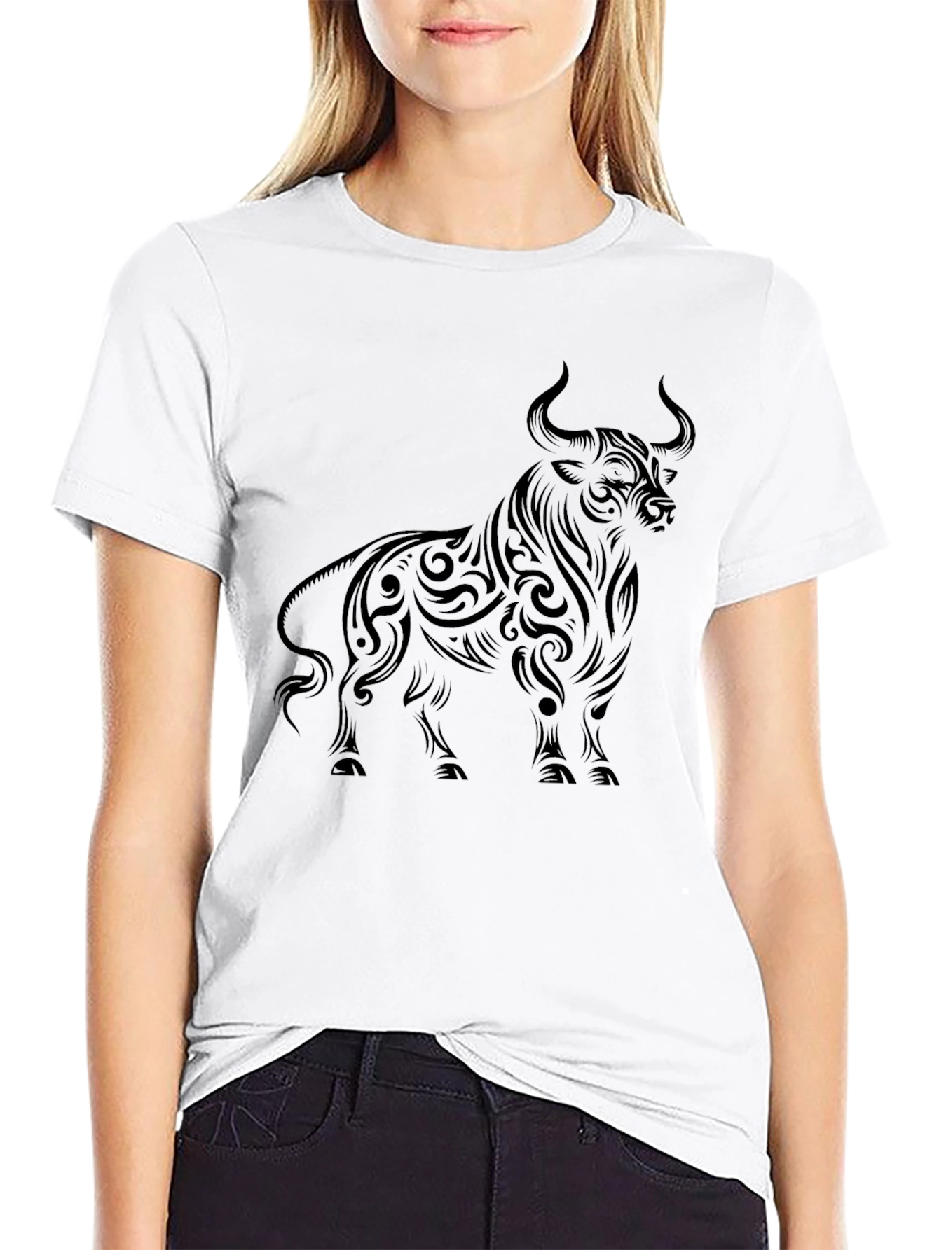 Black Men's Black Bull Graphic Tee - Tribal Art Style view 9
