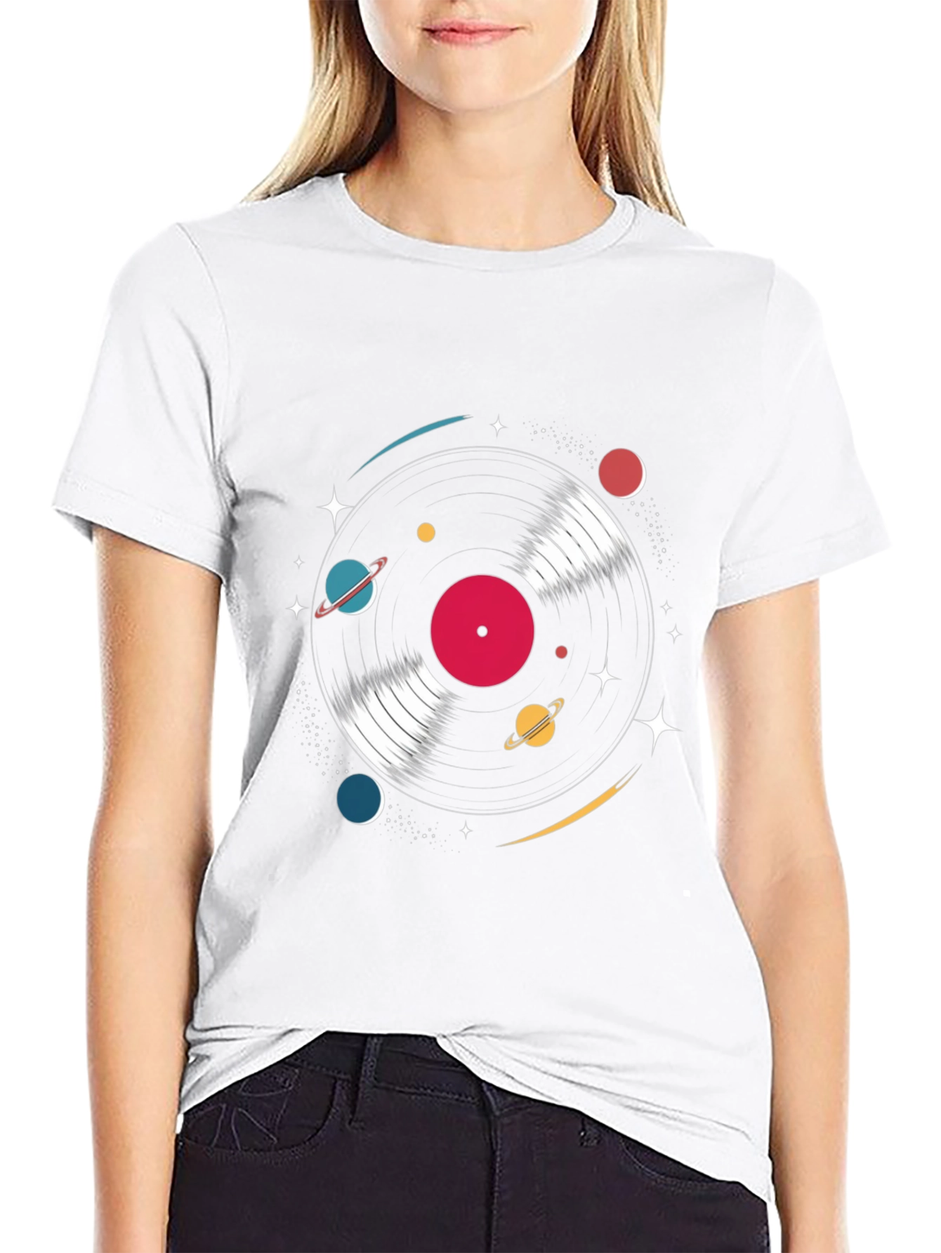 Black Retro Vinyl Record Space T-Shirt view 9