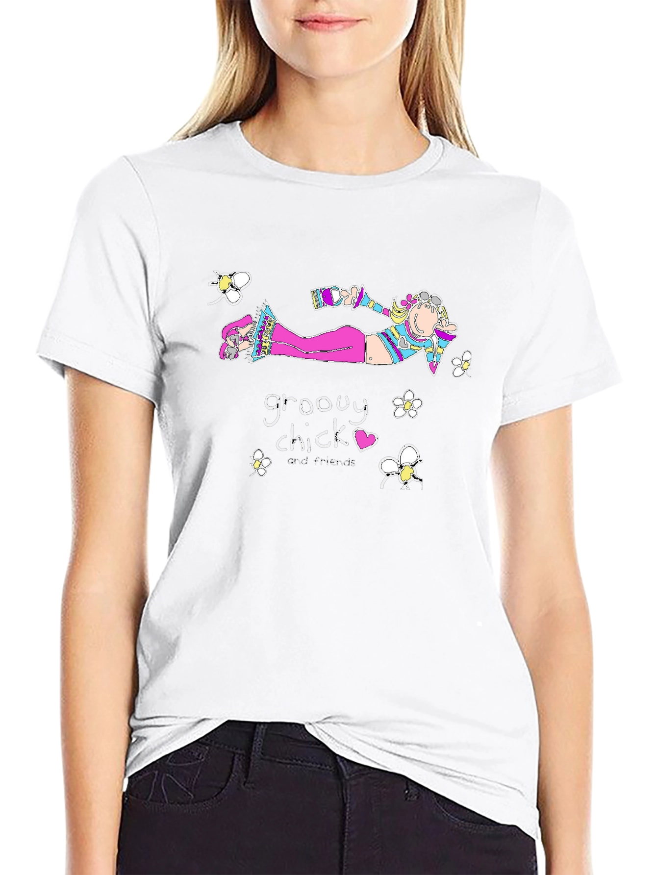 Black Groovy Chick Tee - Quirky Cartoon T-Shirt view 9