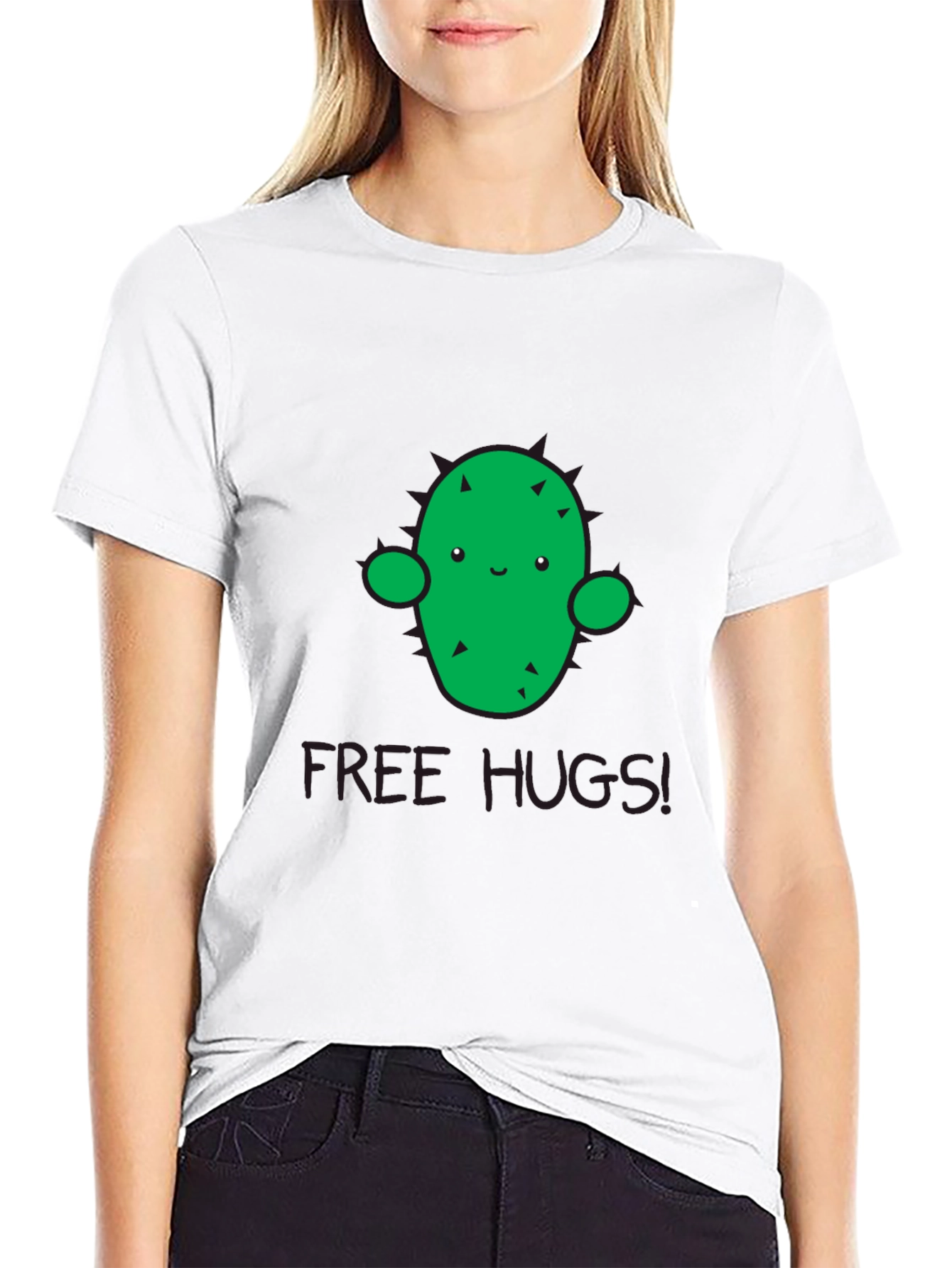 Black Cute Cactus 'Free Hugs' Graphic T-Shirt - Unisex view 9