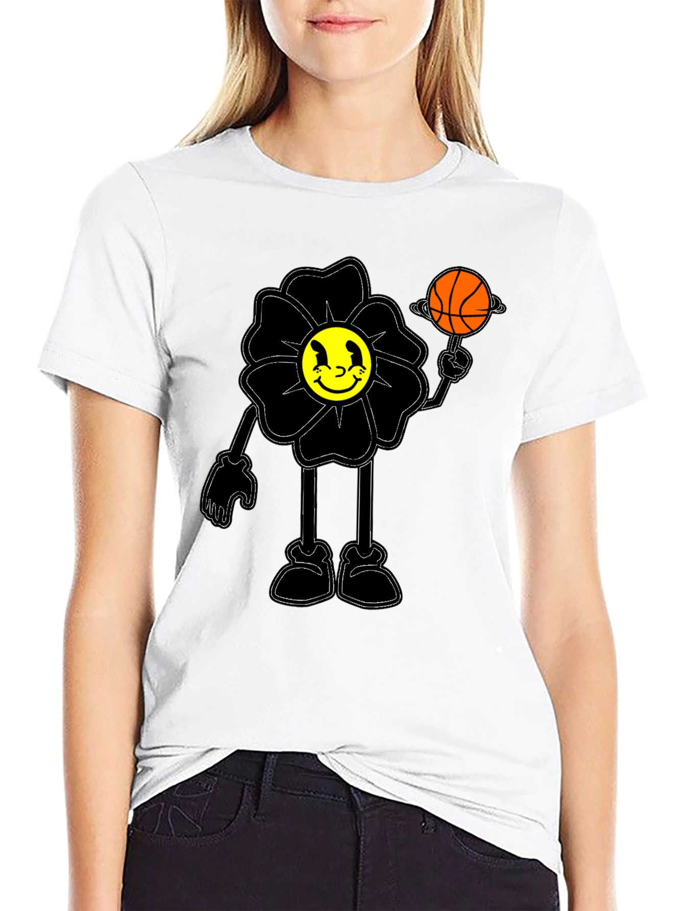 Black Smiley Flower Graphic Tee - Trendy Black T-Shirt view 9