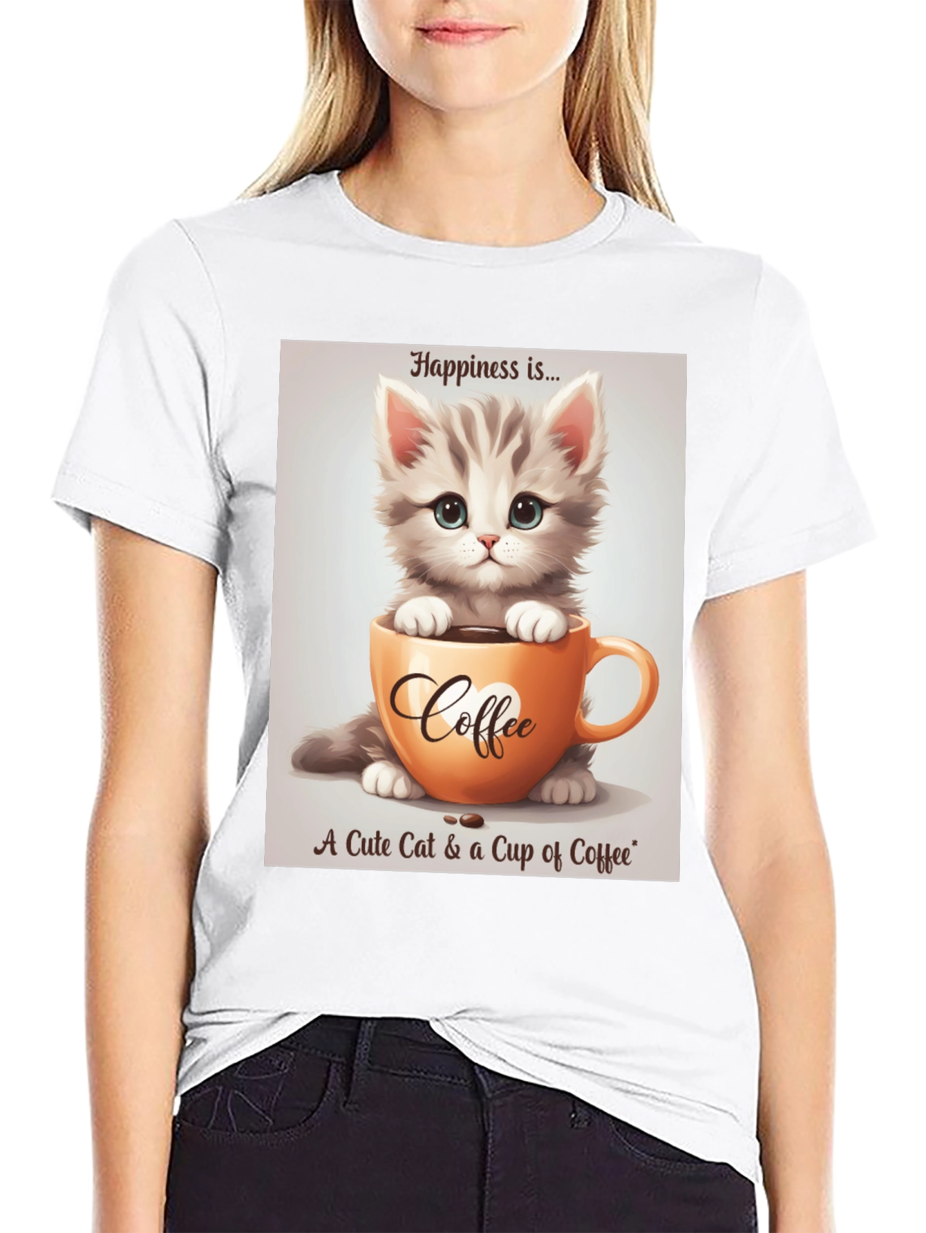 Black Cute Kitten and Coffee T-Shirt - Happiness Is... view 9