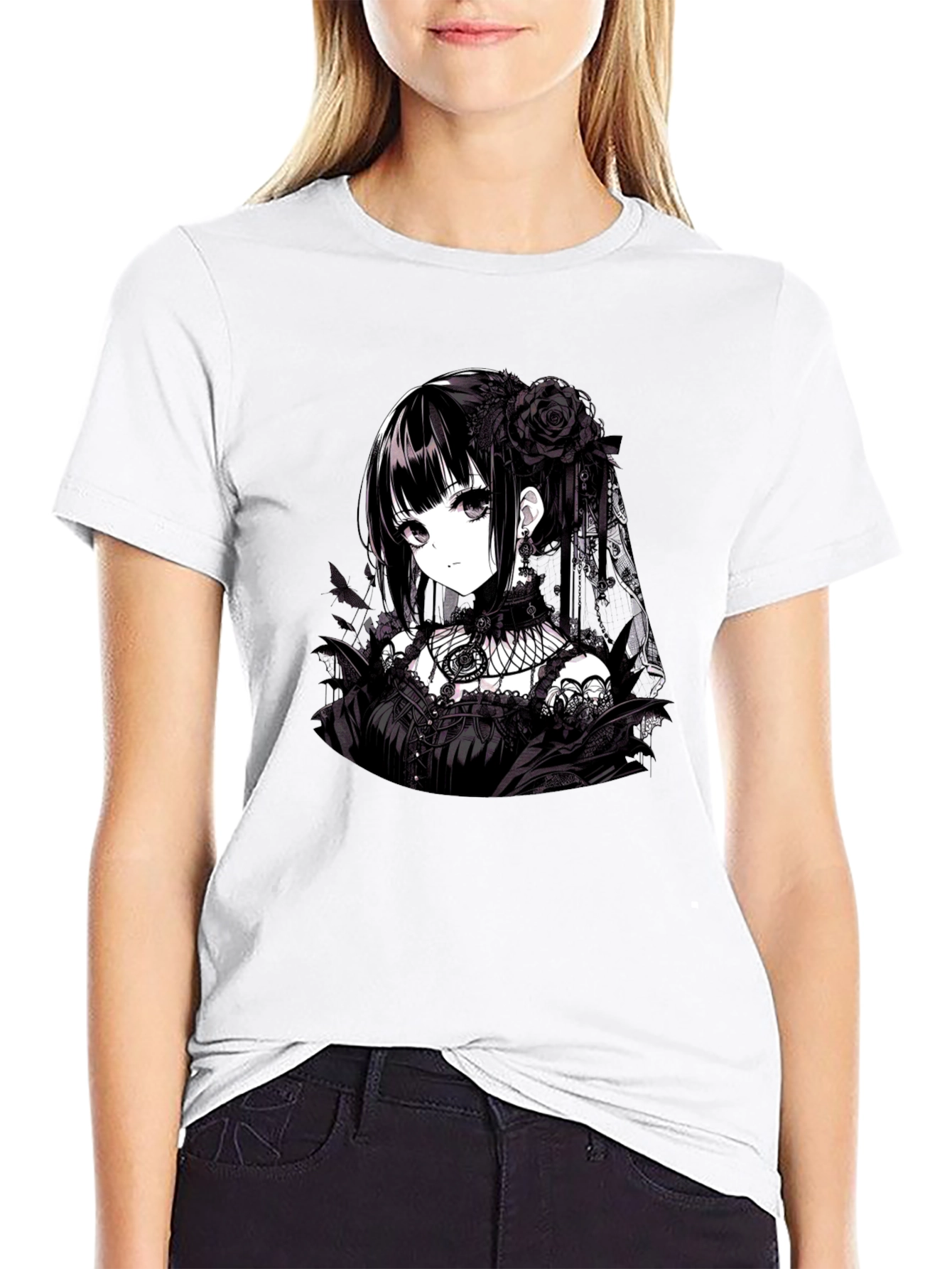 Black Gothic Anime Girl T-Shirt - Black view 9