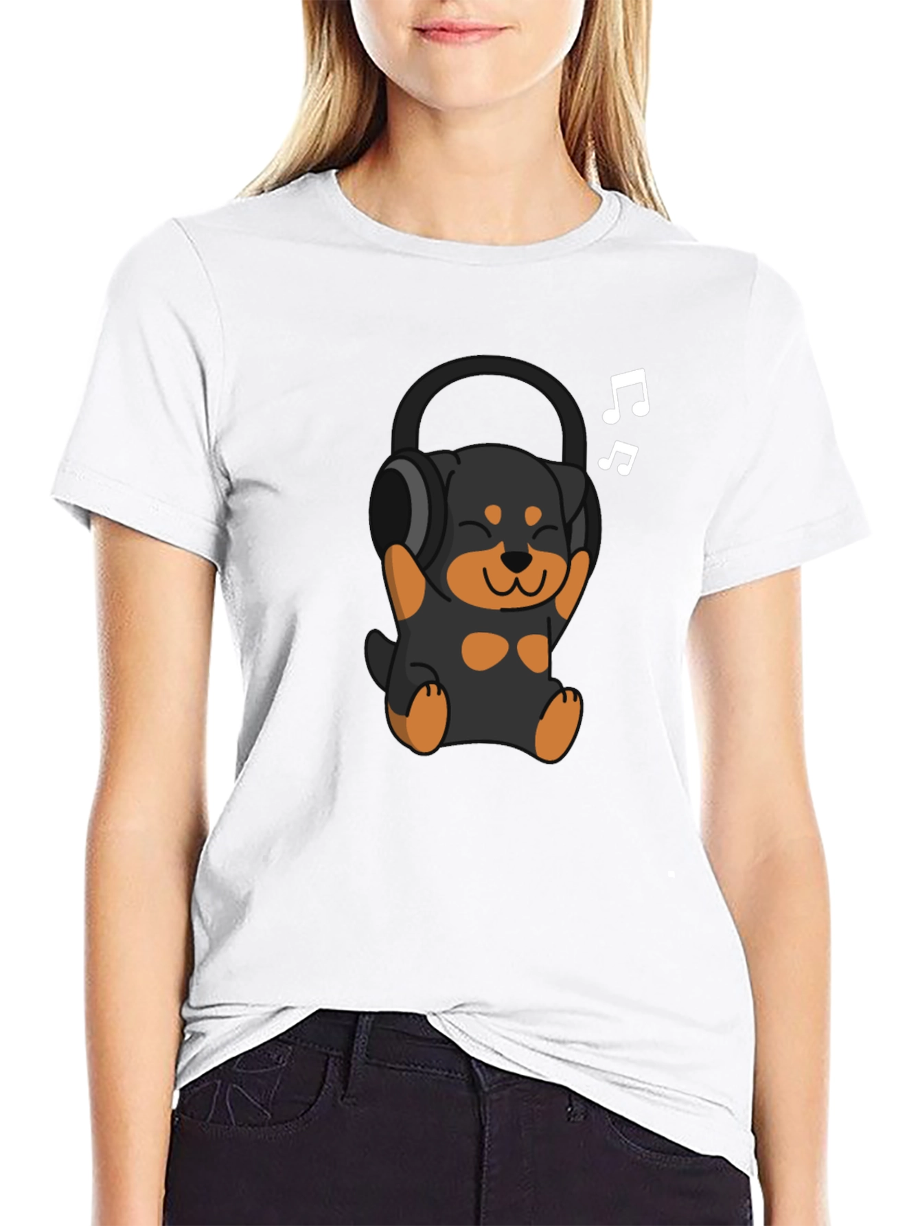 Black Rottweiler Puppy Headphones Black T-Shirt view 9