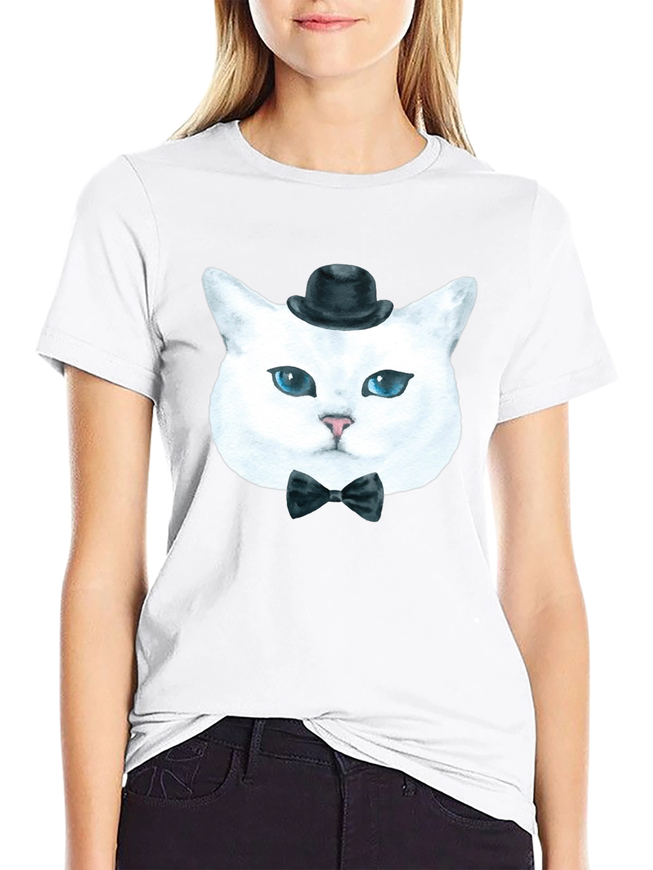 Black Dapper Cat T-Shirt: Classy Feline in Bow Tie & Hat view 9