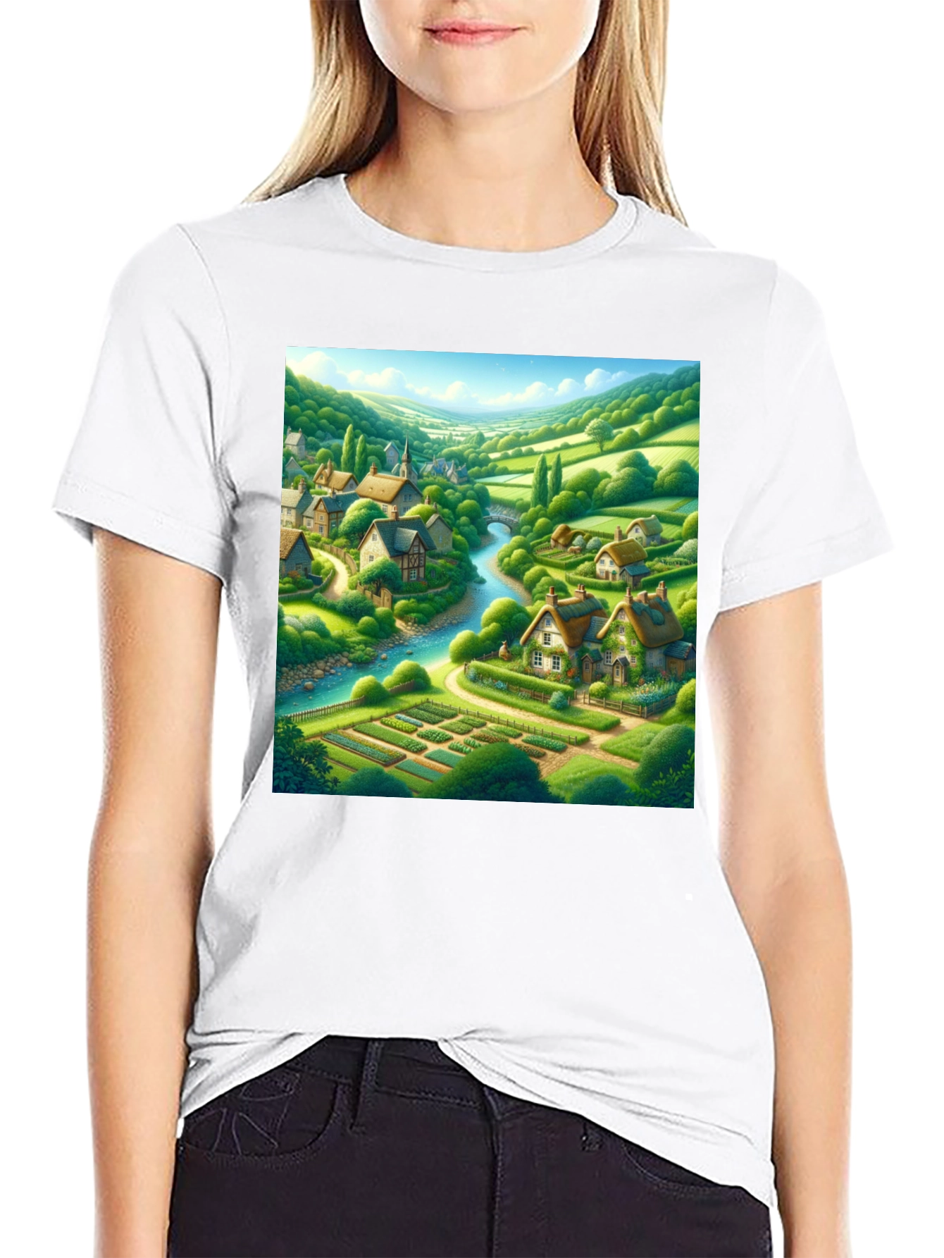 Black Quaint Village T-Shirt - Scenic Landscape Tee view 9