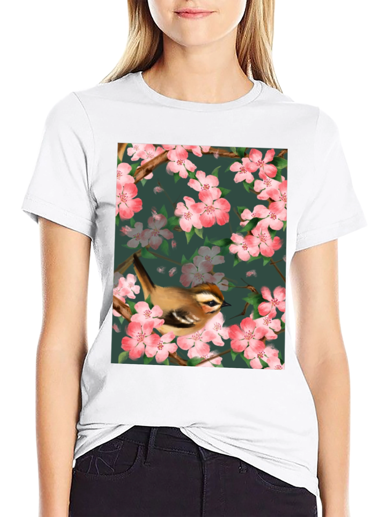 Black Bird & Blossom Graphic Tee - Nature Lover's Shirt view 9