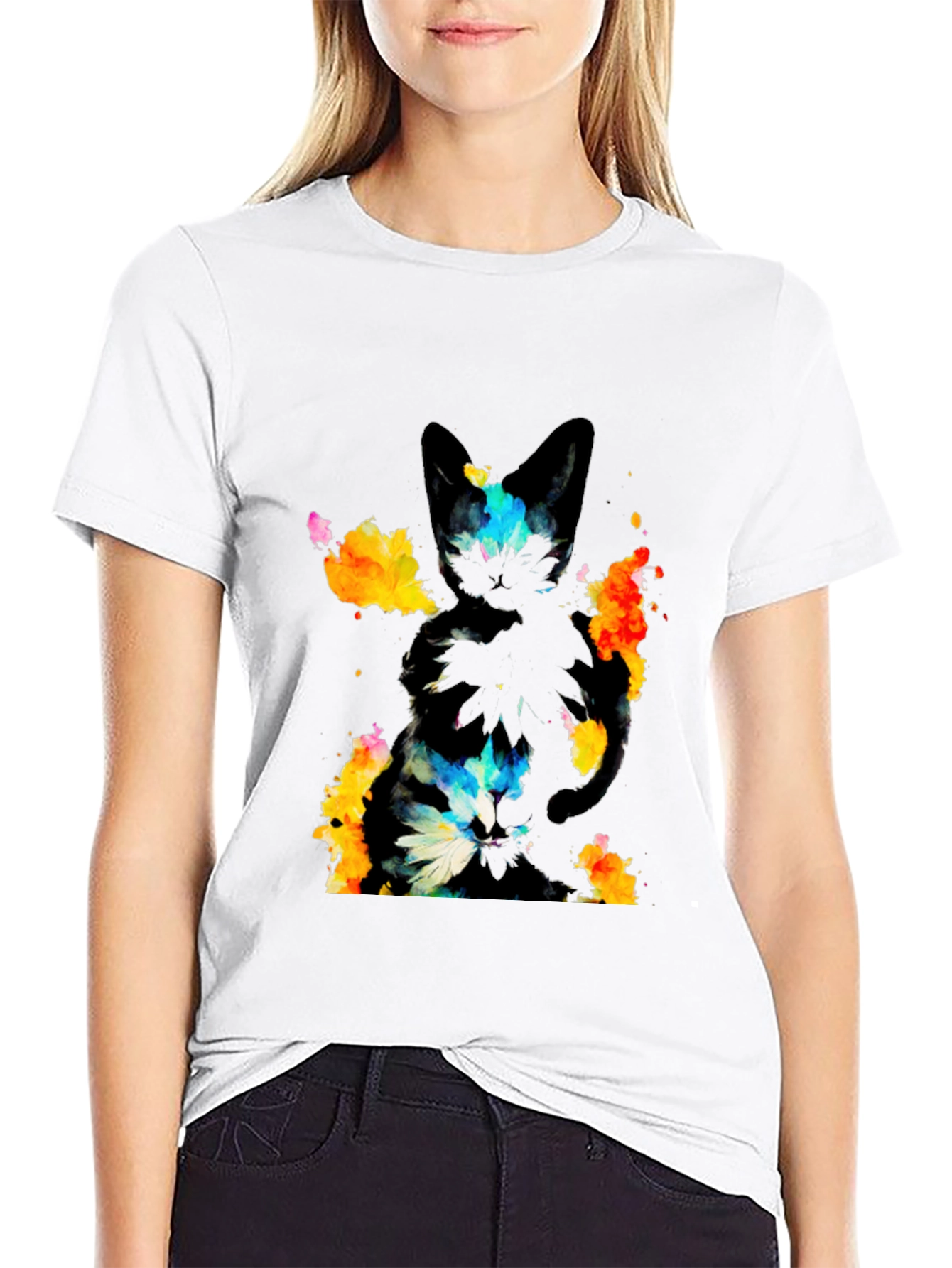 Black Abstract Cat Graphic Black T-Shirt view 9