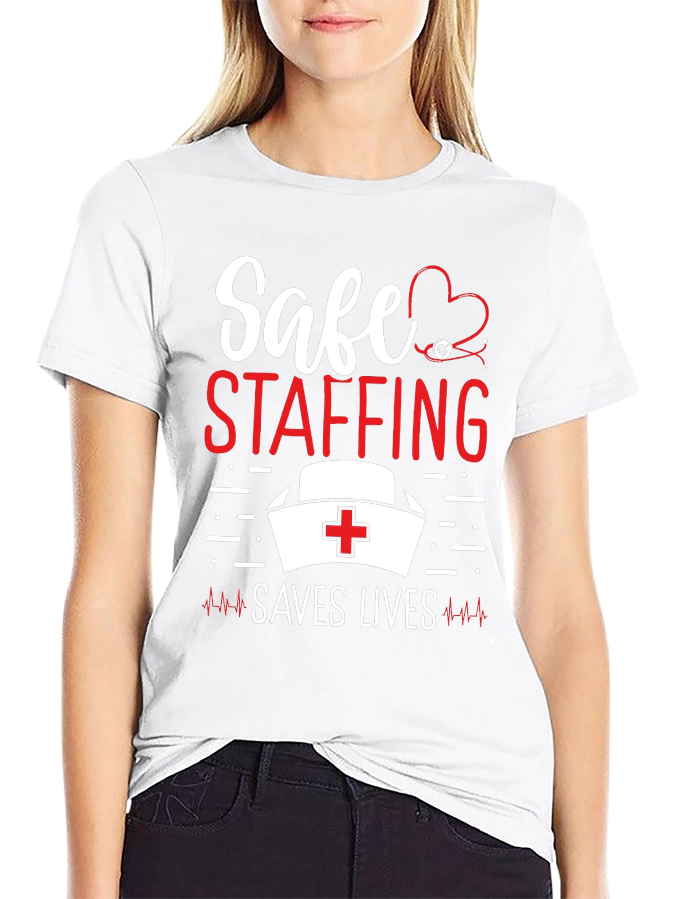 Black Safe Staffing Saves Lives Nurse T-Shirt view 9