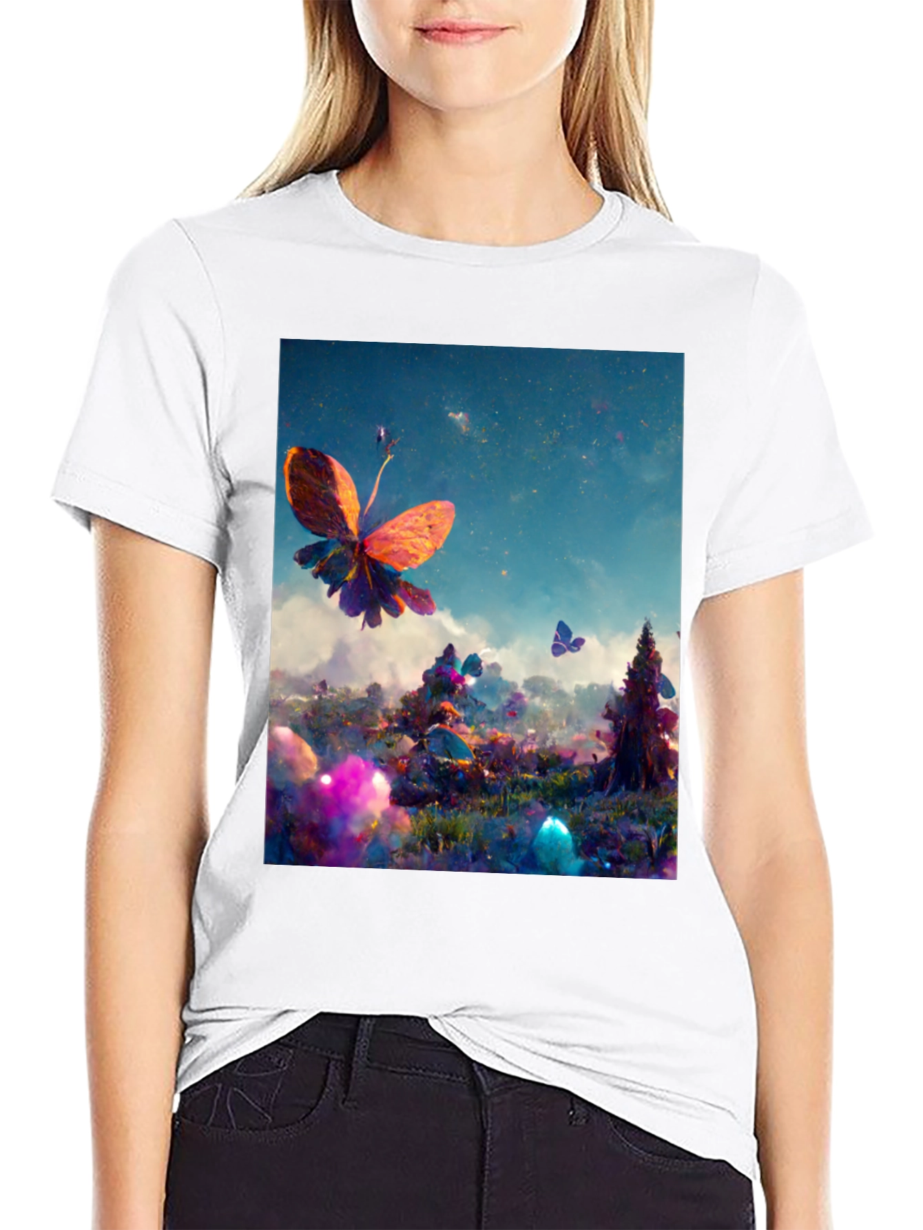 Black Butterfly Fantasy Graphic Tee - Black Cotton Blend view 9
