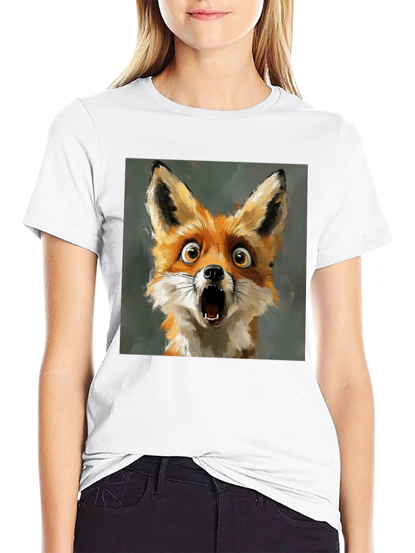Black Surprised Fox Graphic Tee - Black Cotton T-Shirt view 9