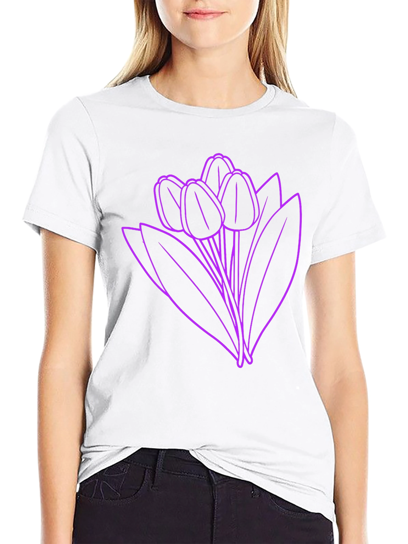 Black Floral Graphic Tee - Purple Tulips on Black view 9