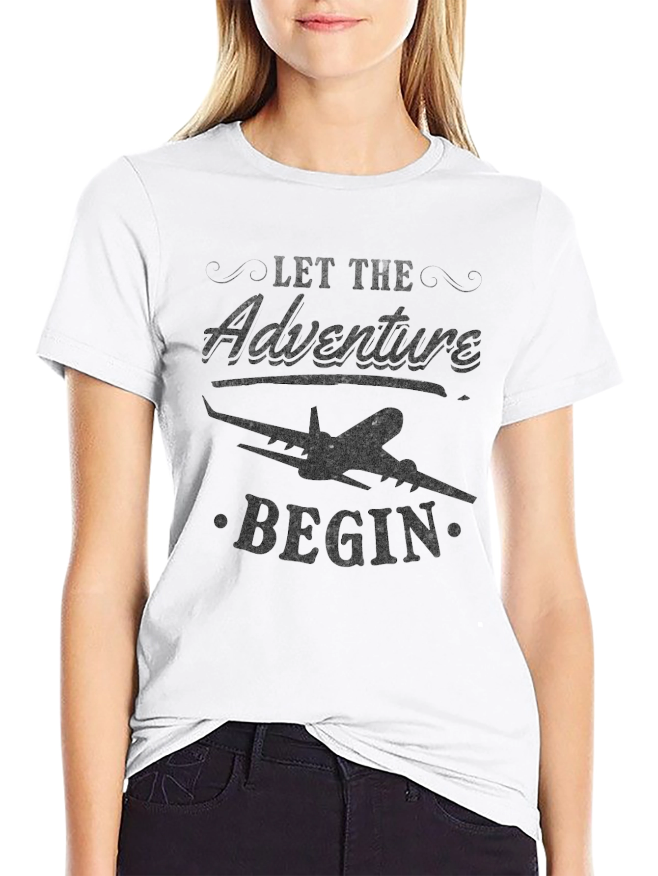 Black Adventure Begins Tee - Airplane Graphic Black T-Shirt view 9