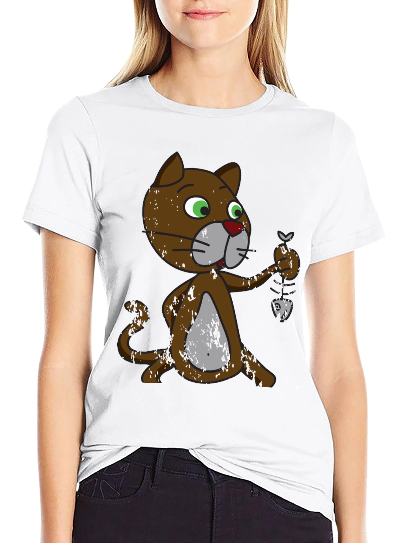 Black Cartoon Cat Fish Skeleton T-Shirt view 9