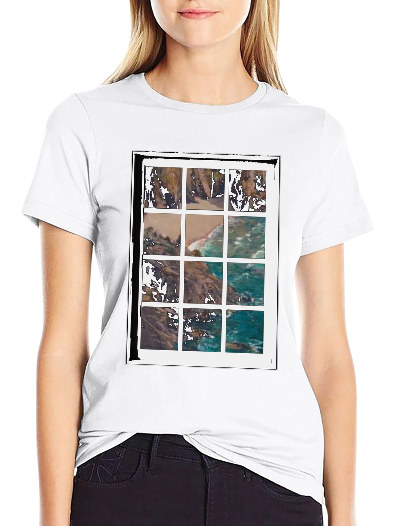 Black Coastal View Grid Print Black T-Shirt view 9