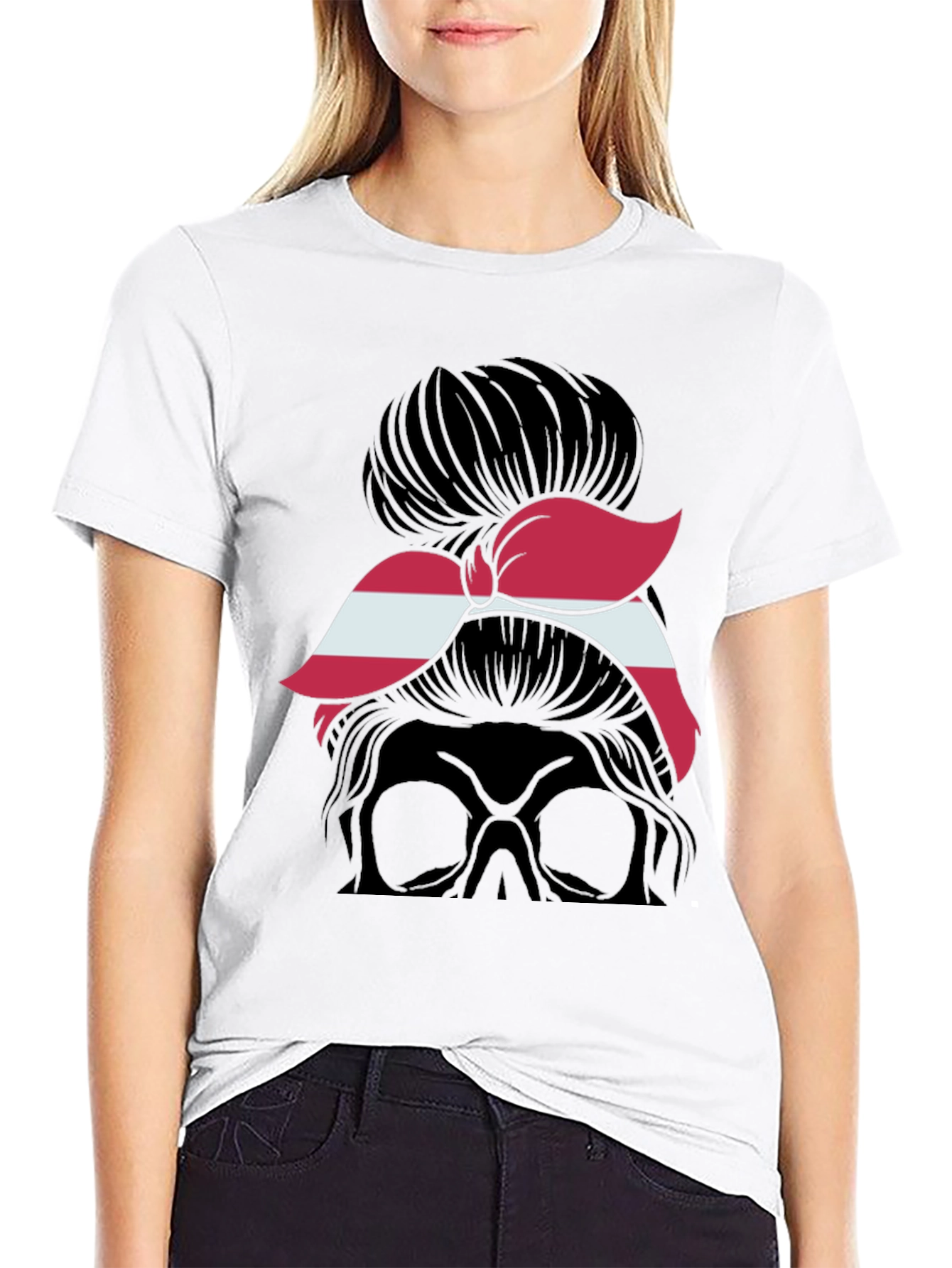 Black Messy Bun Skull Latvia Flag T-Shirt view 9