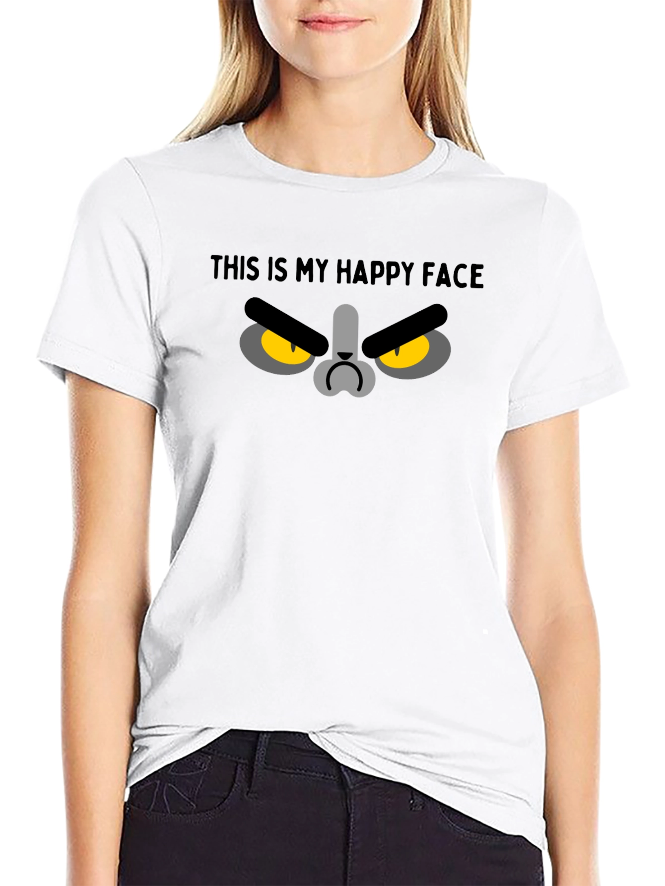 Black Funny Grumpy Cat Face T-Shirt - This Is My Happy Face view 9