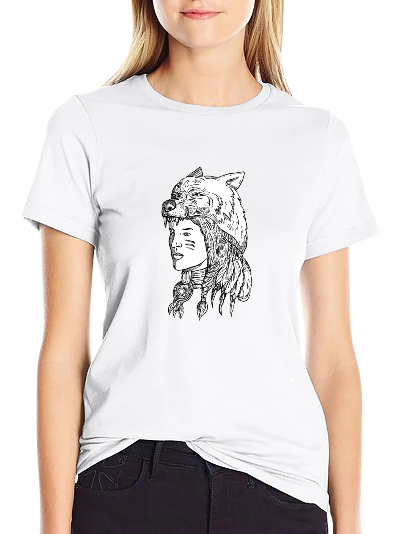 Black Native American Wolf Headdress Graphic Tee view 9