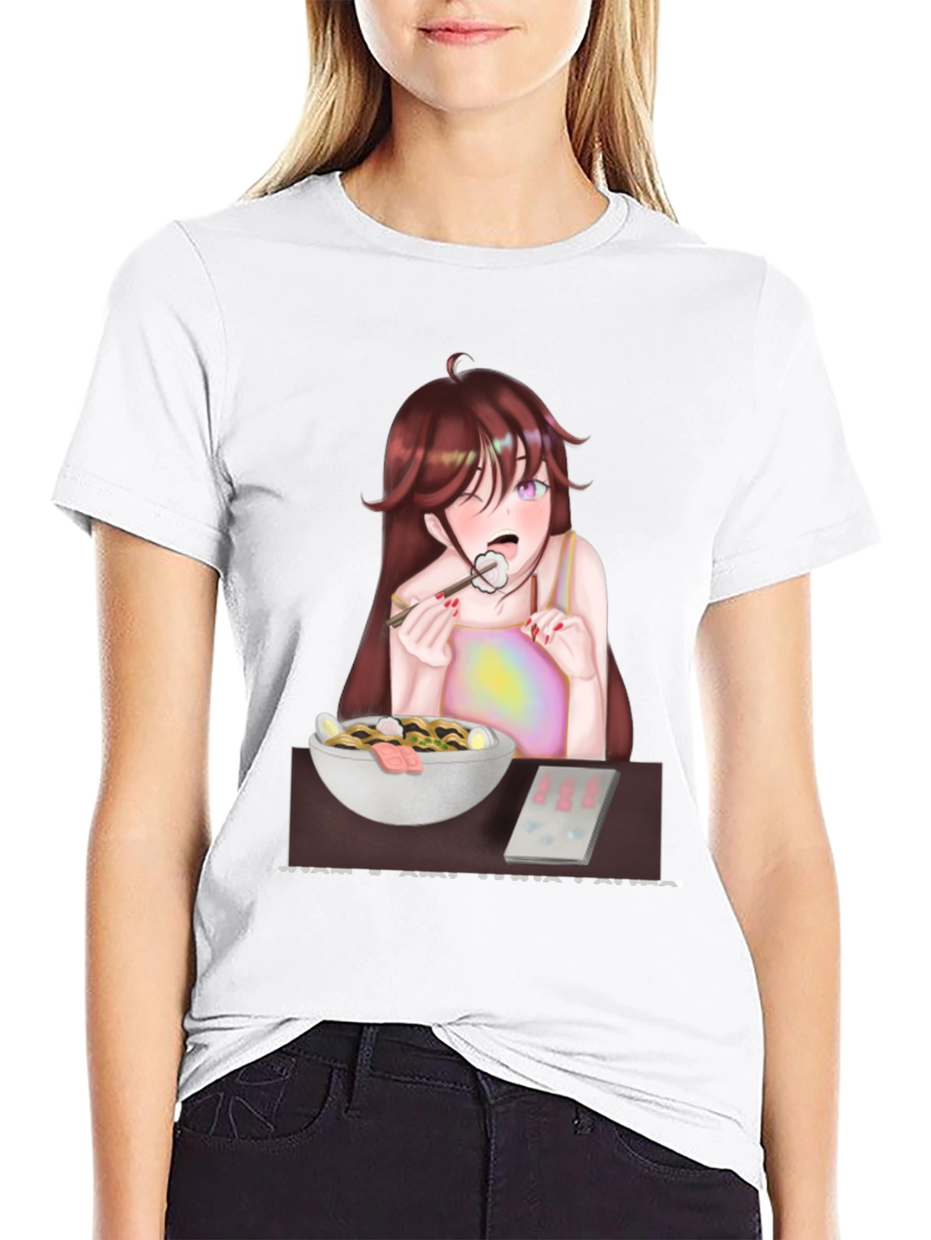 Black Anime Girl Eating Ramen T-Shirt view 9