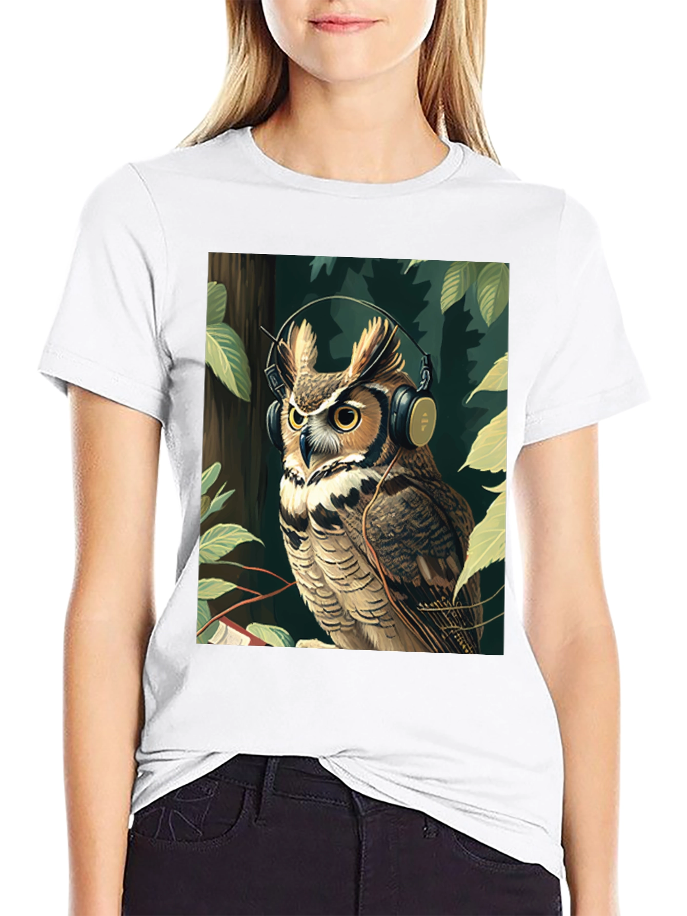 Black Owl with Headphones Graphic Tee - Stylish & Unique view 9