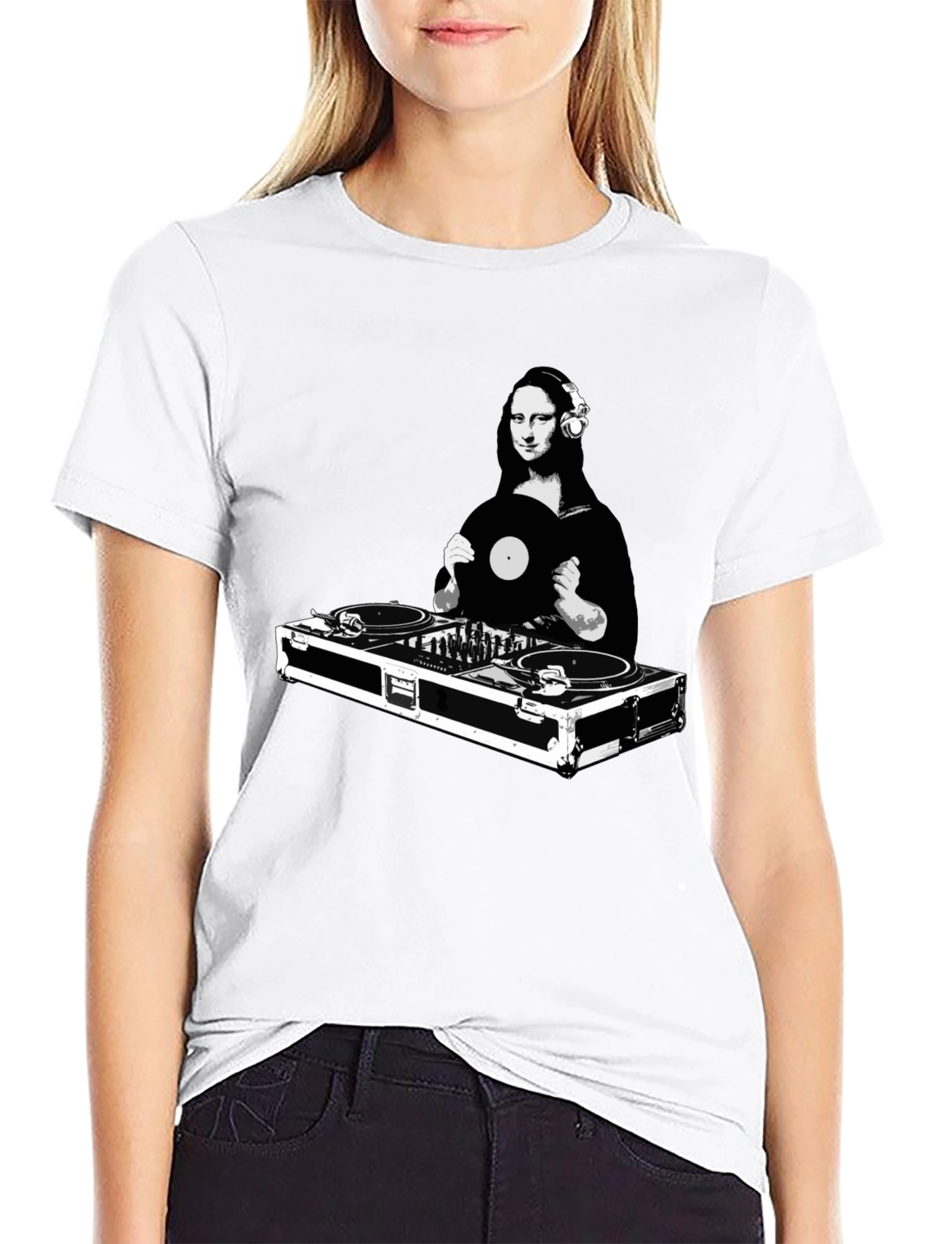 Black Mona Lisa DJ Black T-Shirt - Unique Graphic Tee view 9