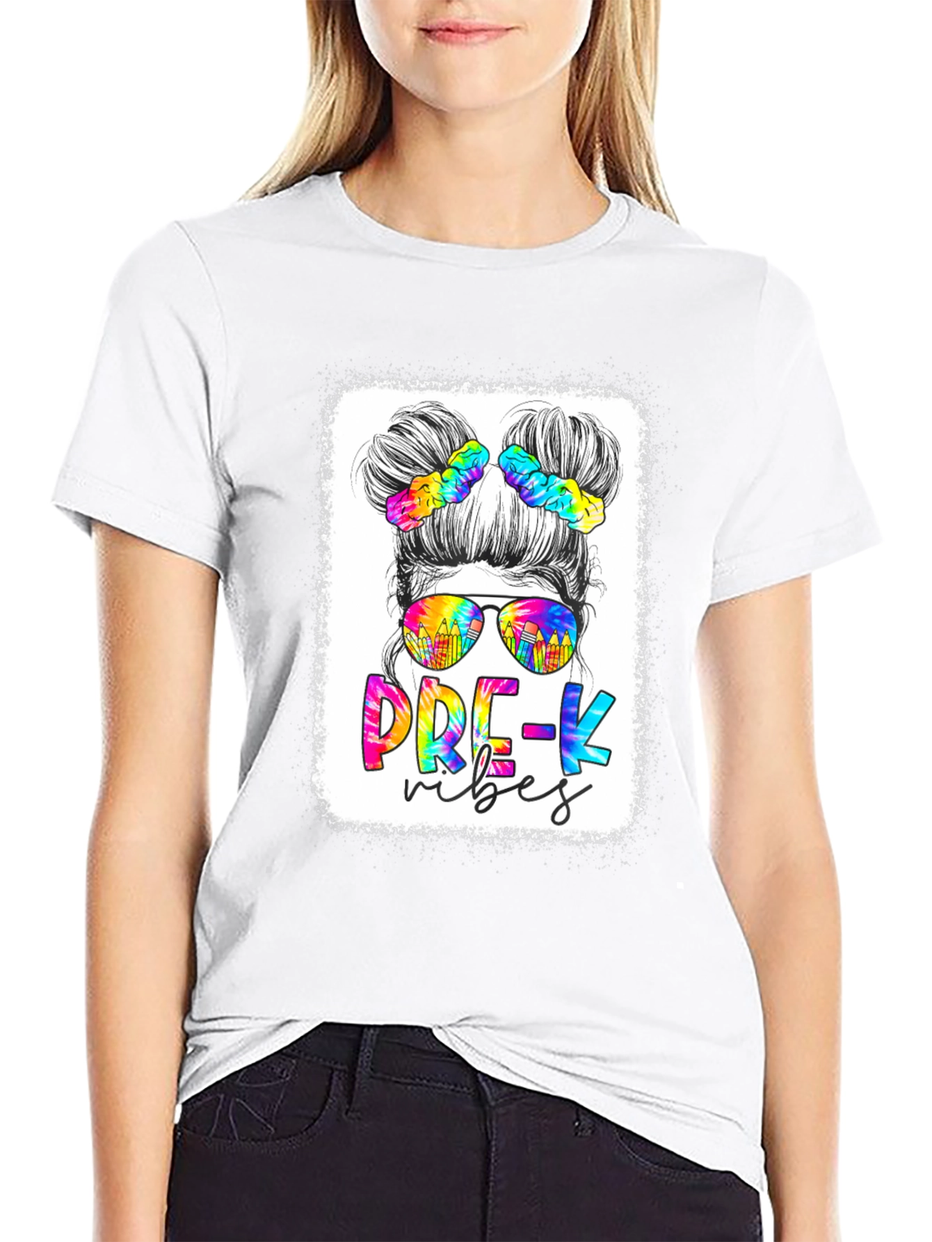 Black Pre-K Vibes Messy Bun Teacher T-Shirt view 9
