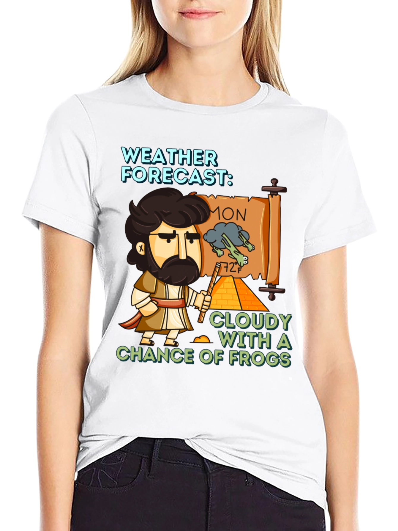 Black Funny Weather Forecast Cloudy Chance of Frogs T-Shirt view 9